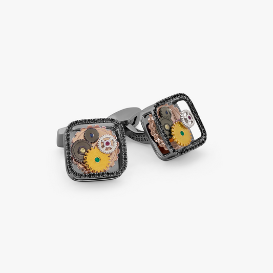 Square Gear Cufflinks With Black Diamonds