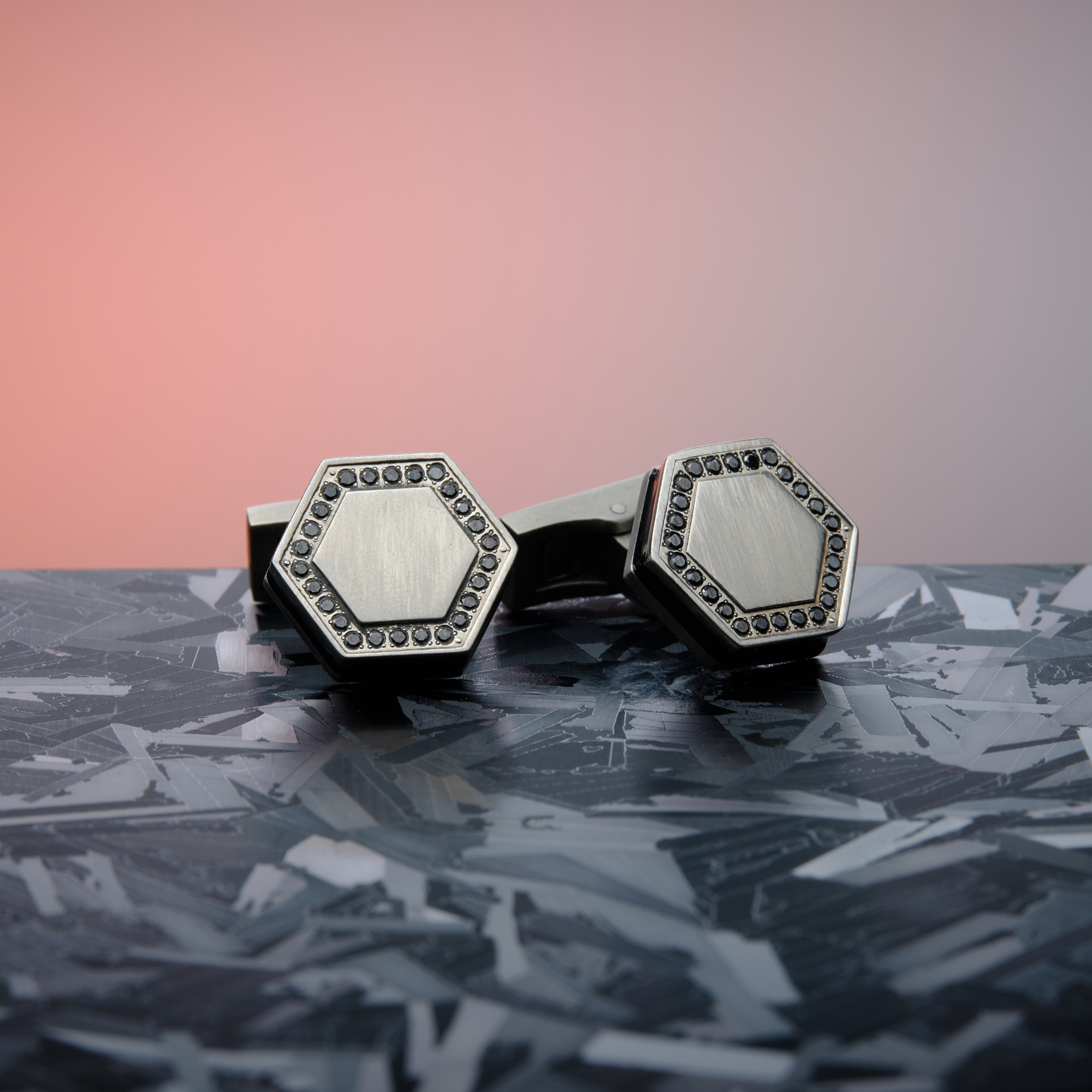 Automobili Lamborghini Hex Cufflinks In Titanium With Black Diamonds