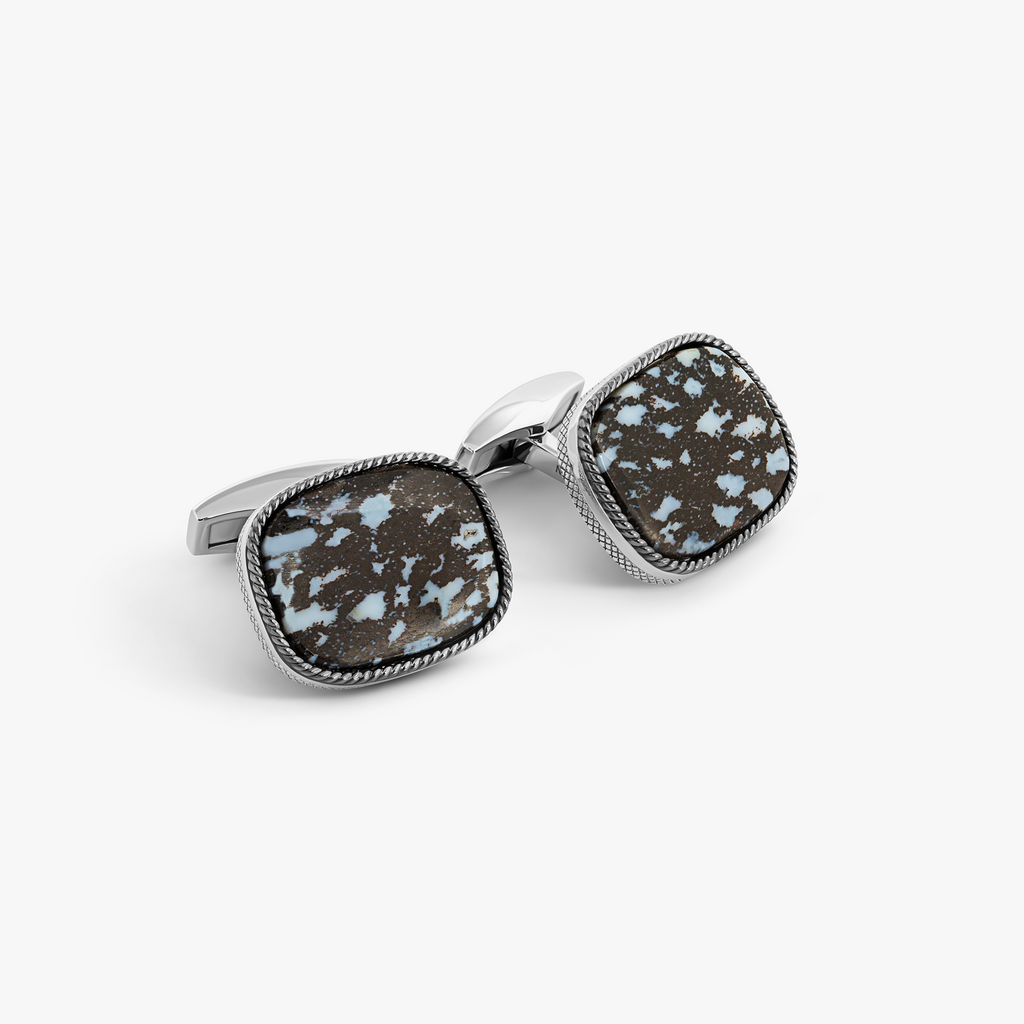 Fossil palm cufflinks in rhodium plated sterling silver with natural fossil stone