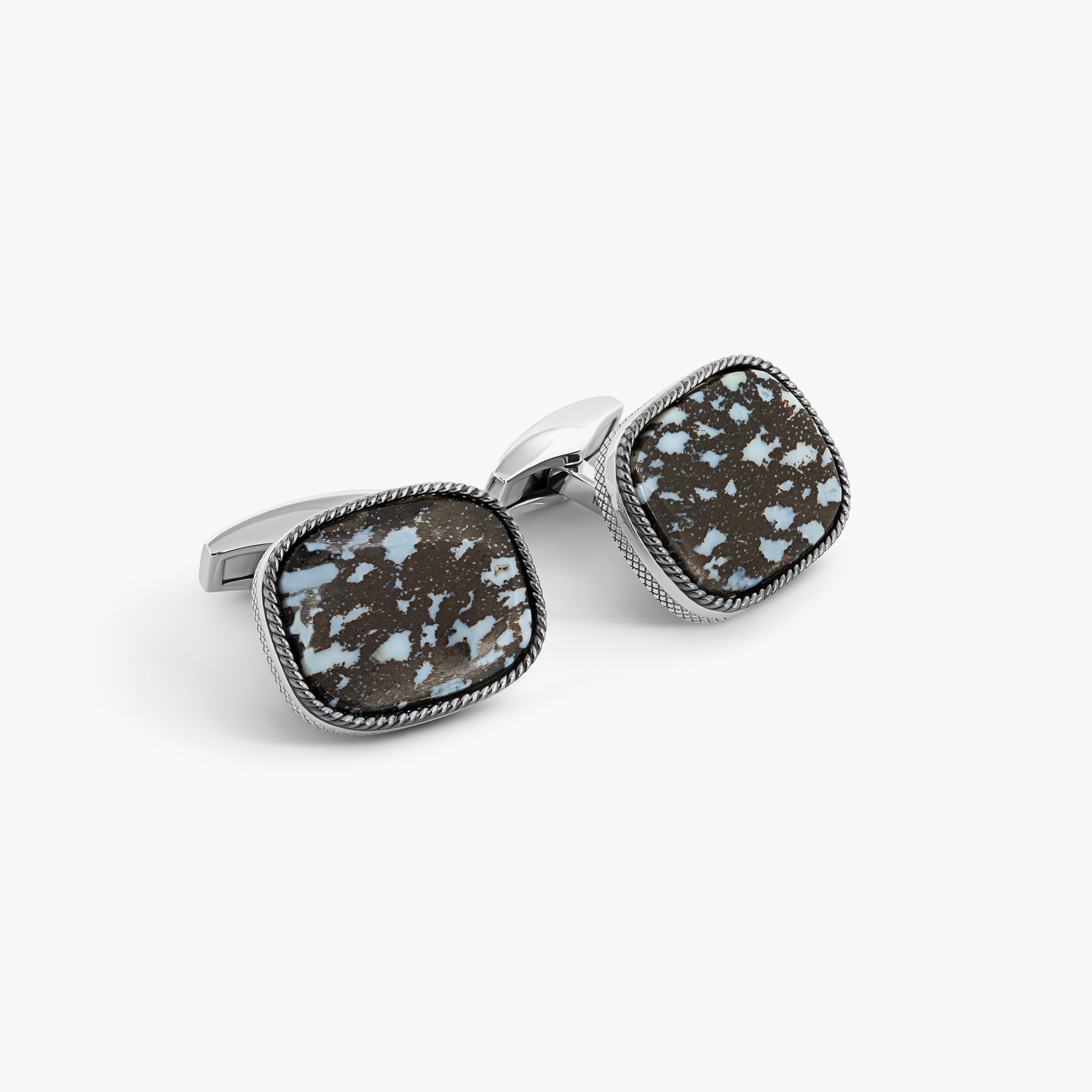 Fossil palm cufflinks in rhodium plated sterling silver with natural fossil stone