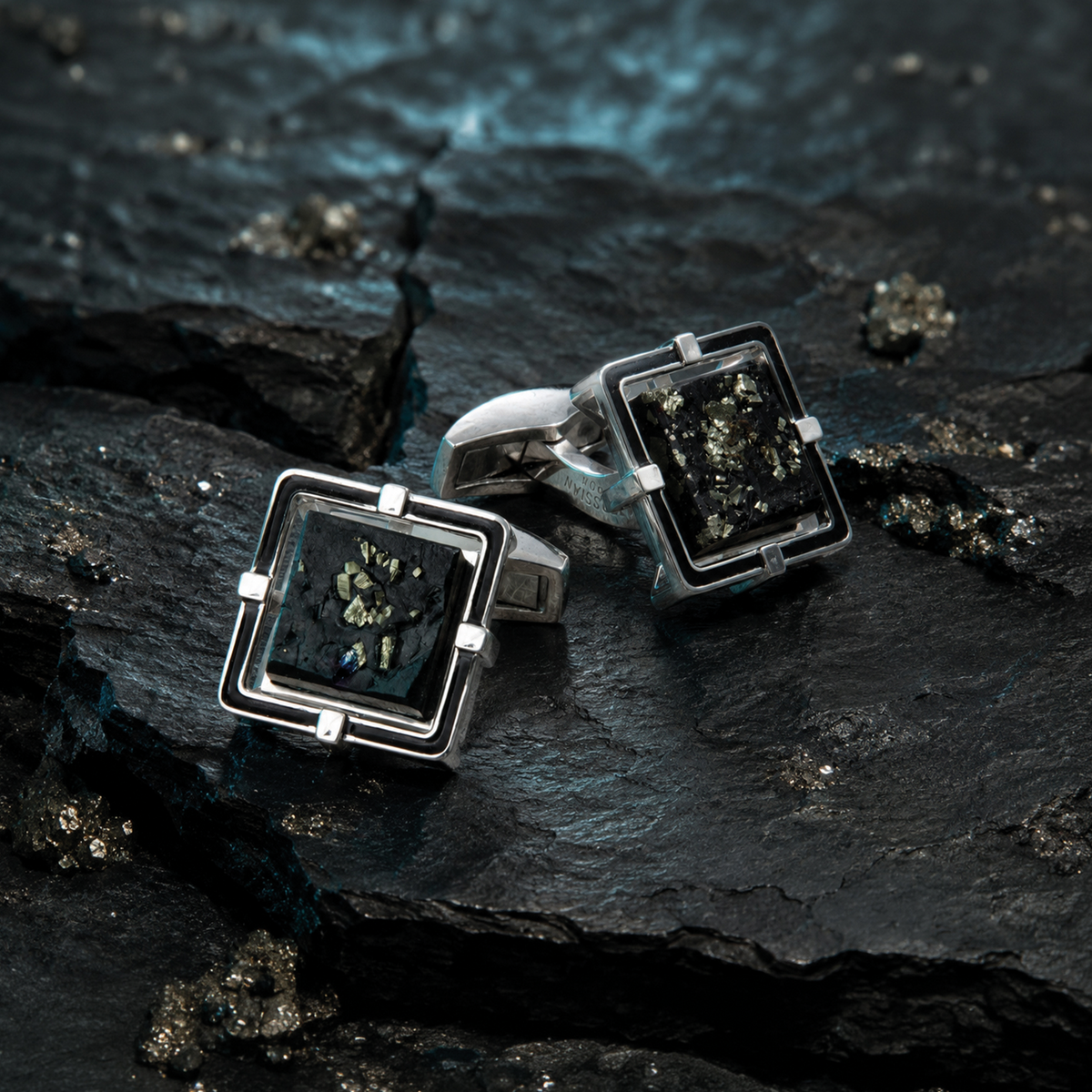 Suspended Slate Pyrite Cufflinks in Sterling Silver | Limited Edition