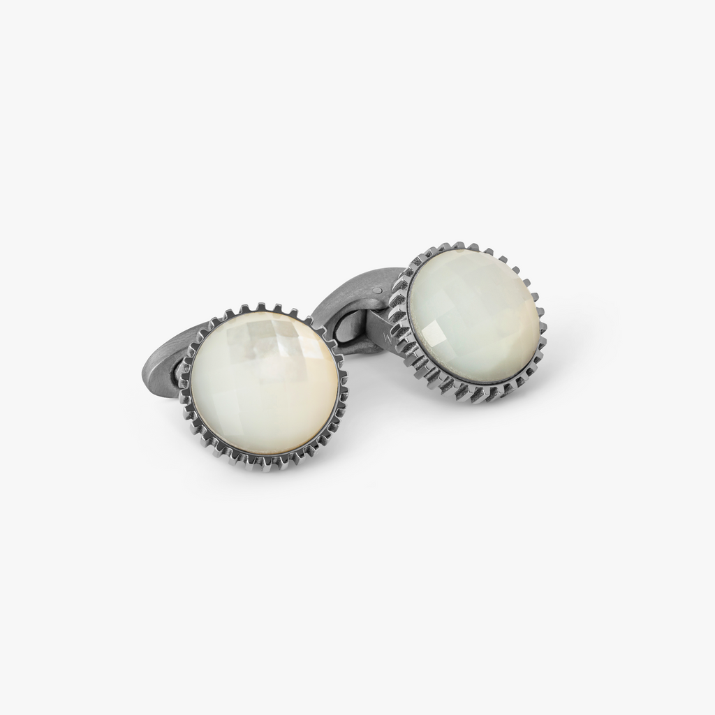 Aurora Domed Gear Titanium Cufflinks with White Mother of Pearl