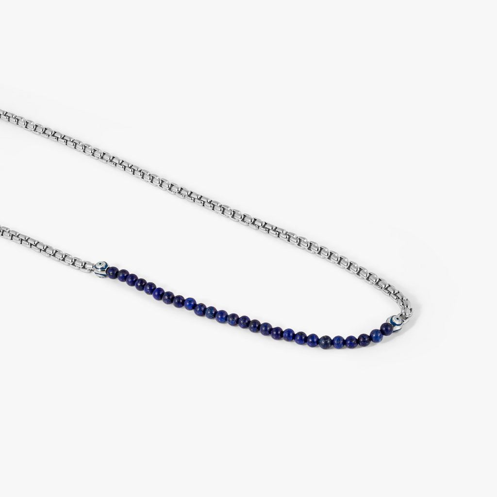 Sennit Catena Evil Eye Necklace In Rhodium Plated Sterling Silver With Lapis