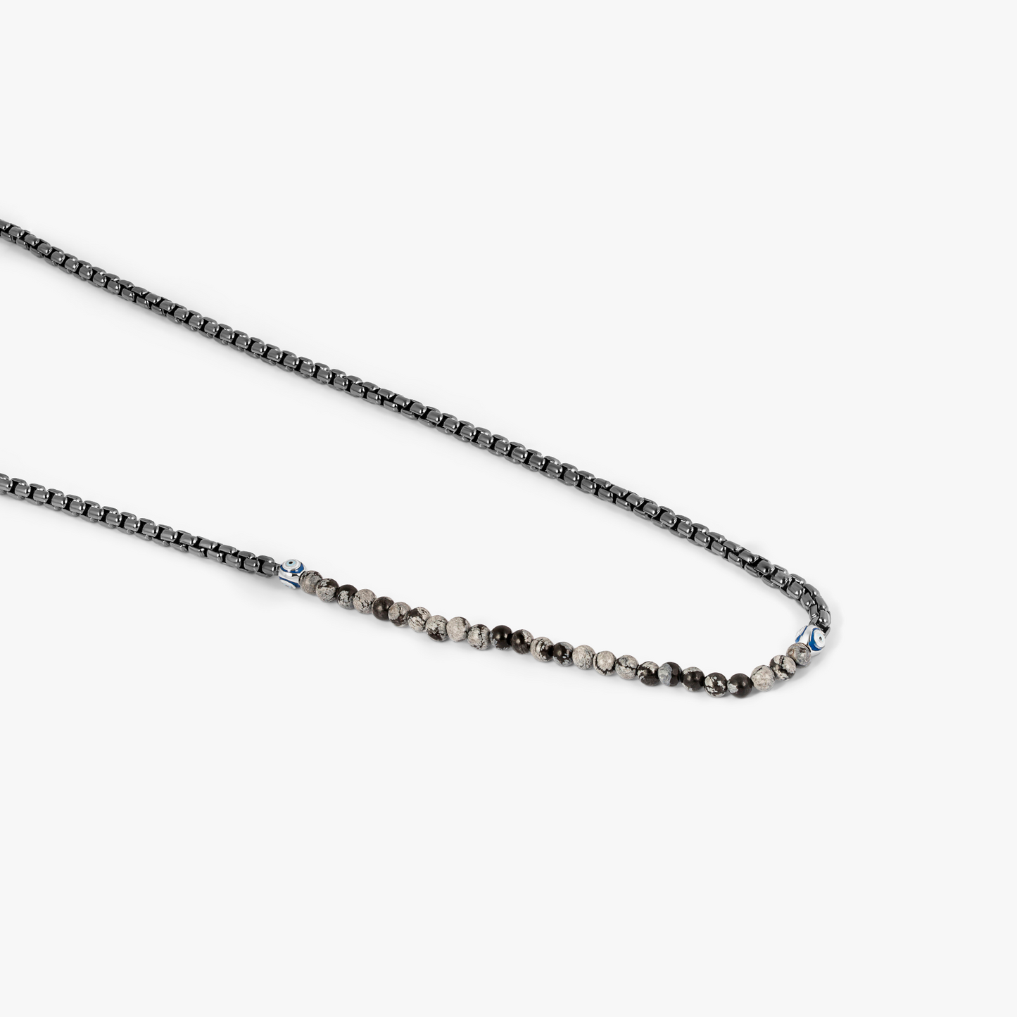 Sennit Catena Evil Eye Necklace In Ruthenium Plated Sterling Silver With Snowflake Obsidian