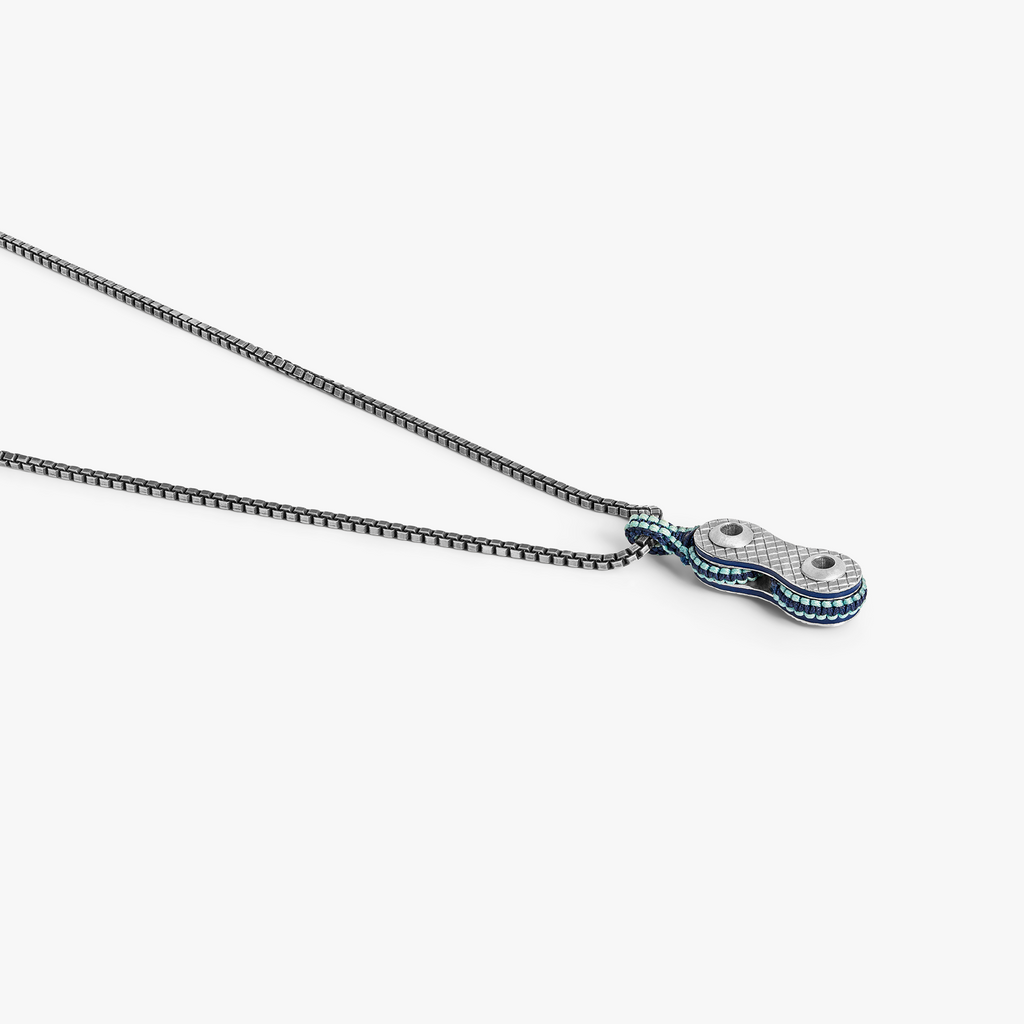 Bici Chain Pendant Necklace in Sterling Silver with Blue Macramé