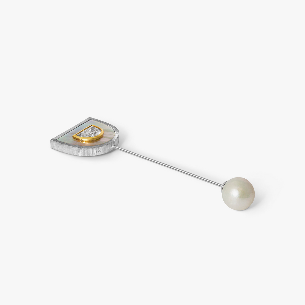 Art Deco Mezzaluna Diamond & Mother of Pearl Lapel Pin