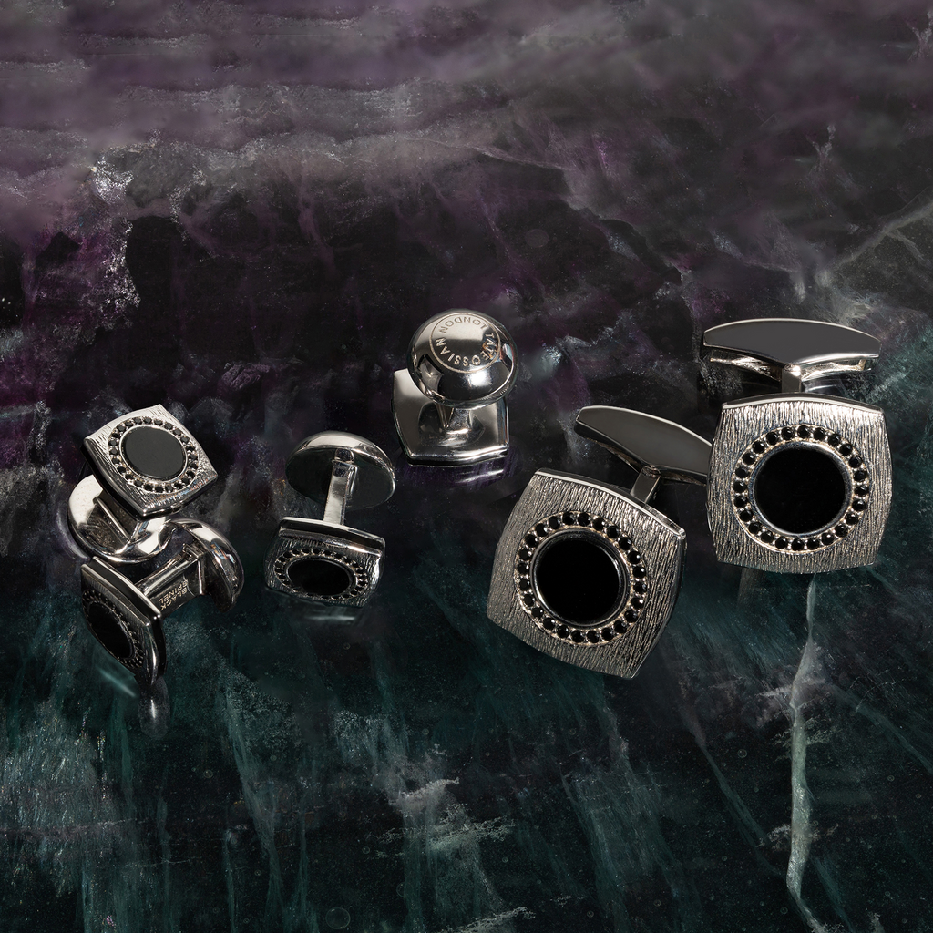 Round Grafiatto Square Cufflinks & Shirt Studs In Sterling Silver With Onyx