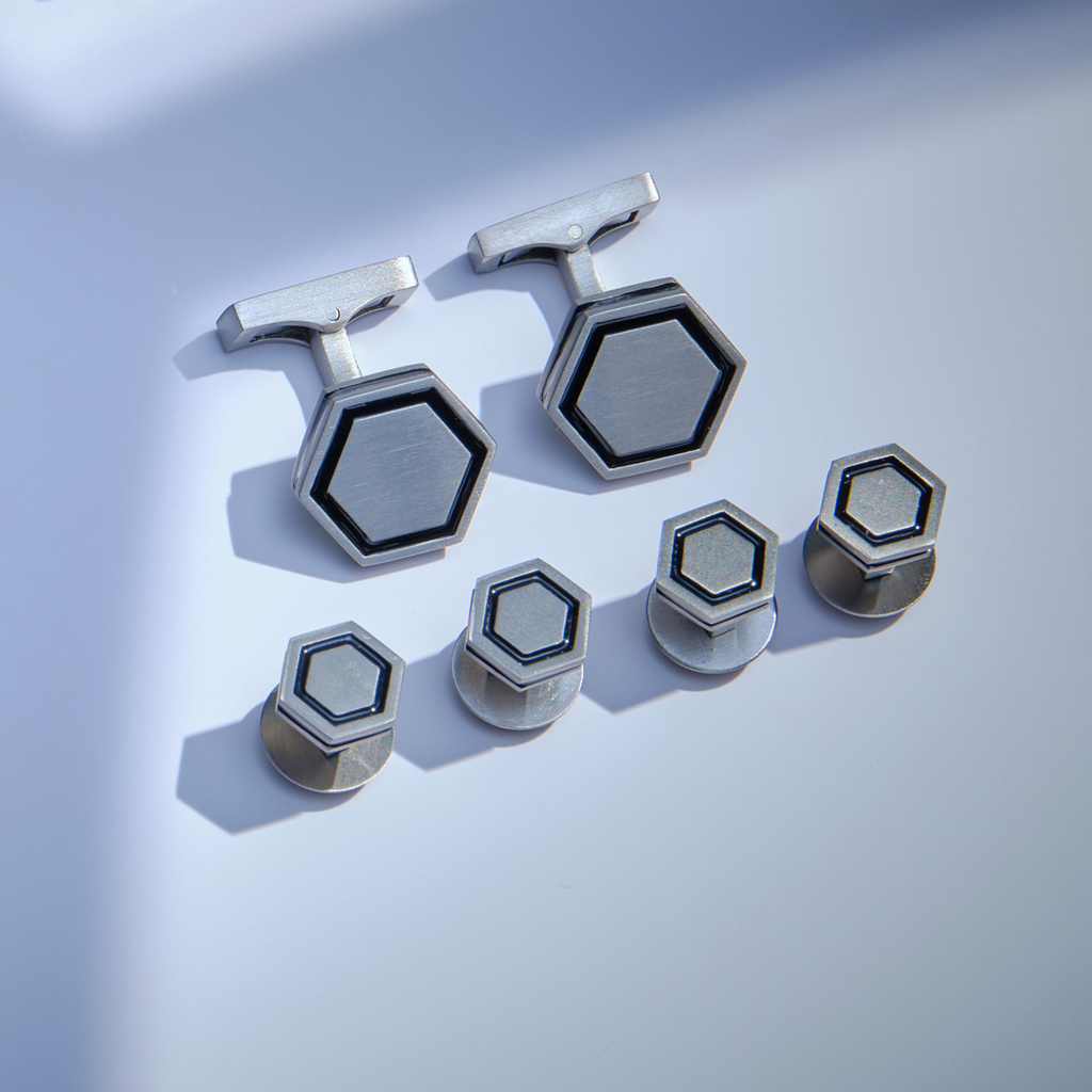 Automobili Lamborghini Hex Cufflinks & Shirt Studs In Titanium With Black Enamel
