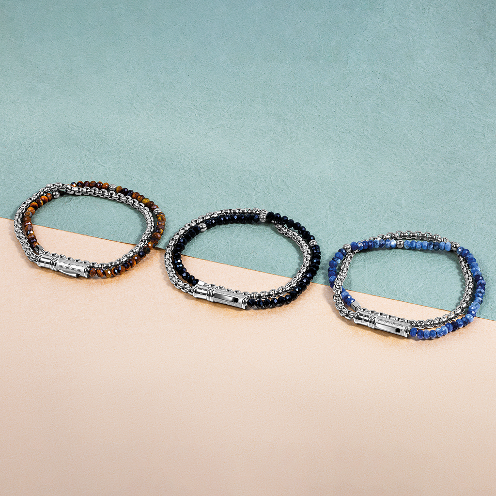 THOMPSON Lucky Clover Double Wrap Bracelet In Tiger Eye With Stainless Steel