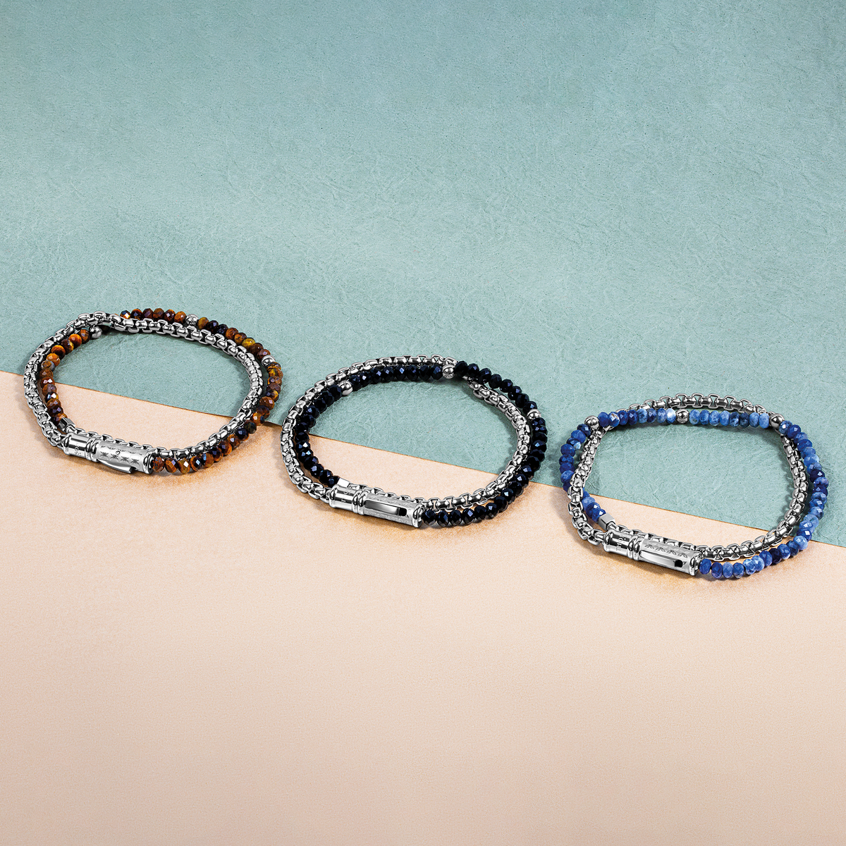 THOMPSON Lucky Clover Double Wrap Bracelet In Tiger Eye With Stainless Steel