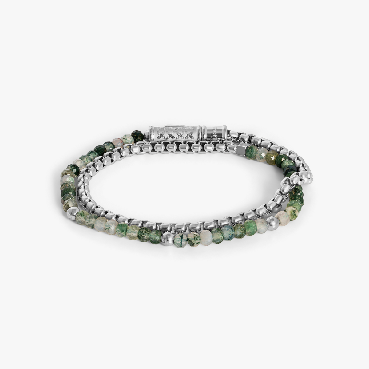 THOMPSON Lucky Clover Double Wrap Bracelet in Moss Agate With Stainless Steel