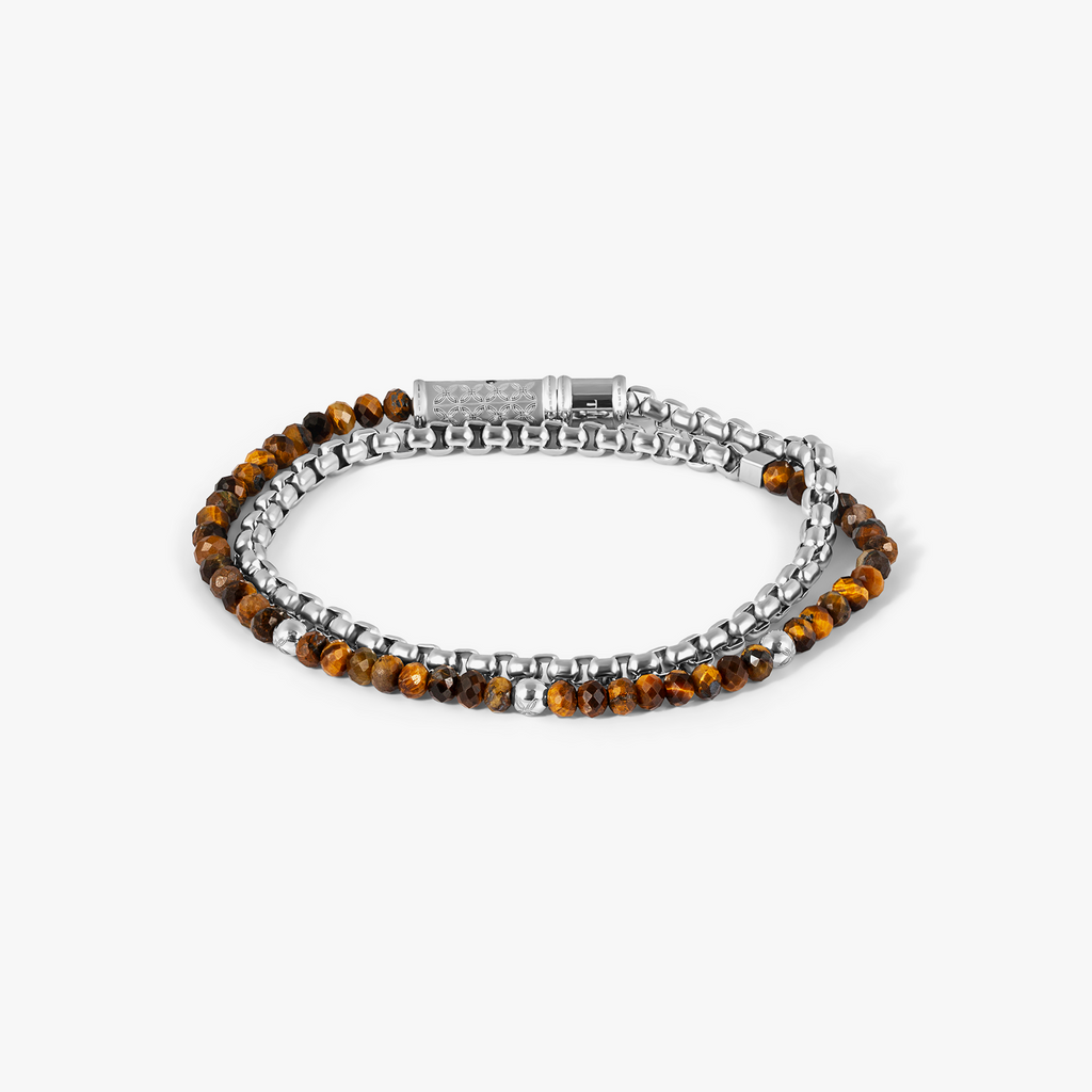 THOMPSON Lucky Clover Double Wrap Bracelet In Tiger Eye With Stainless Steel