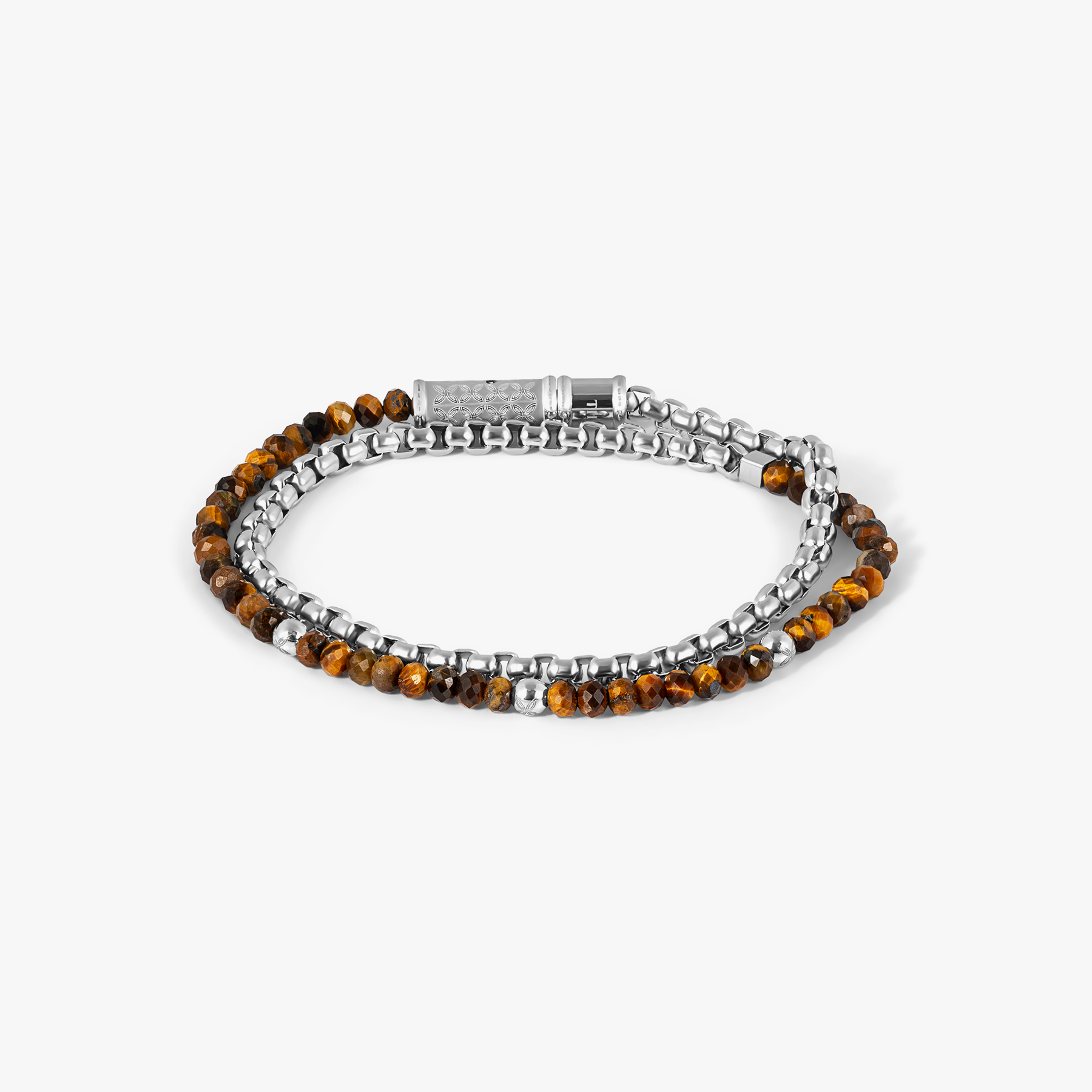 THOMPSON Lucky Clover Double Wrap Bracelet In Tiger Eye With Stainless Steel