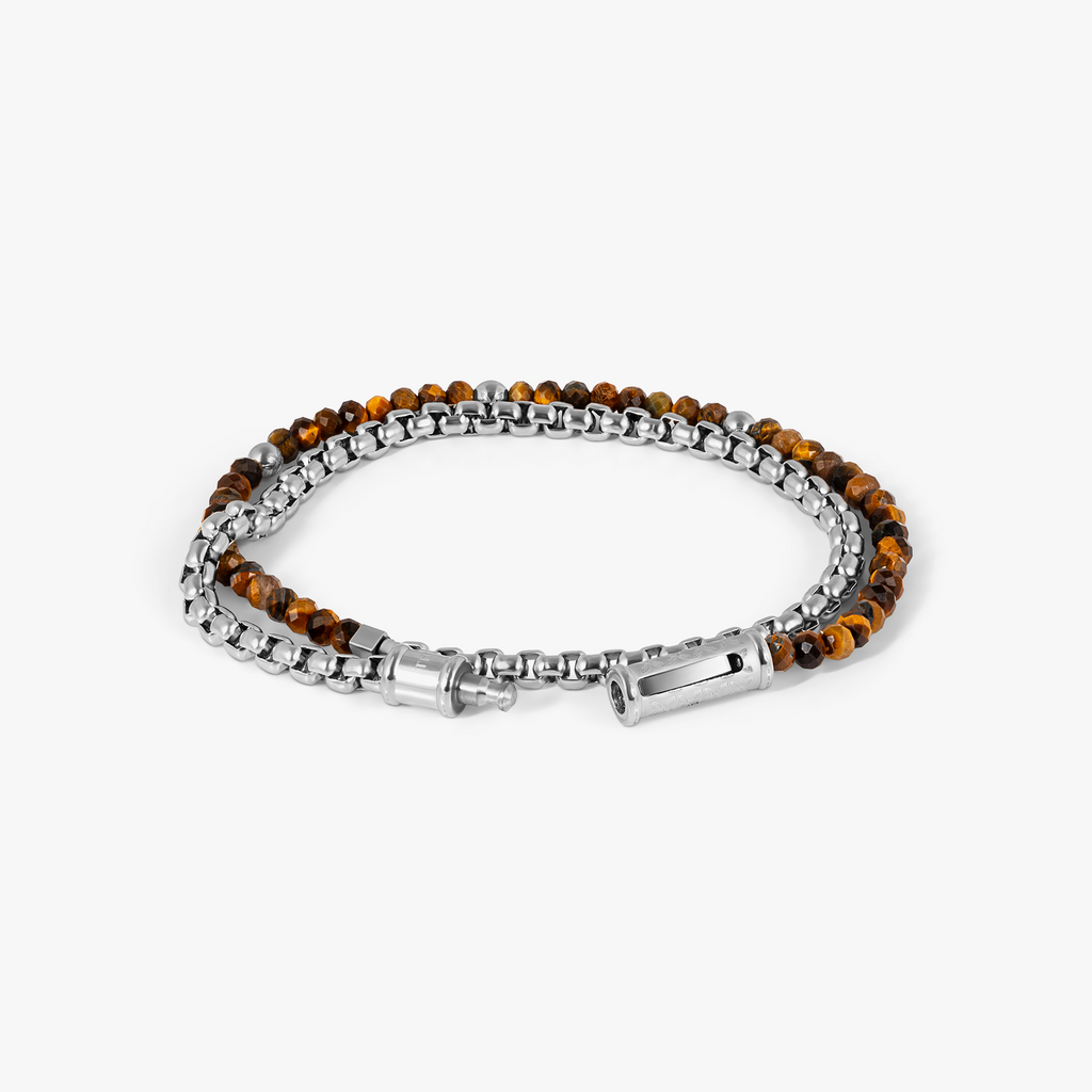 THOMPSON Lucky Clover Double Wrap Bracelet In Tiger Eye With Stainless Steel