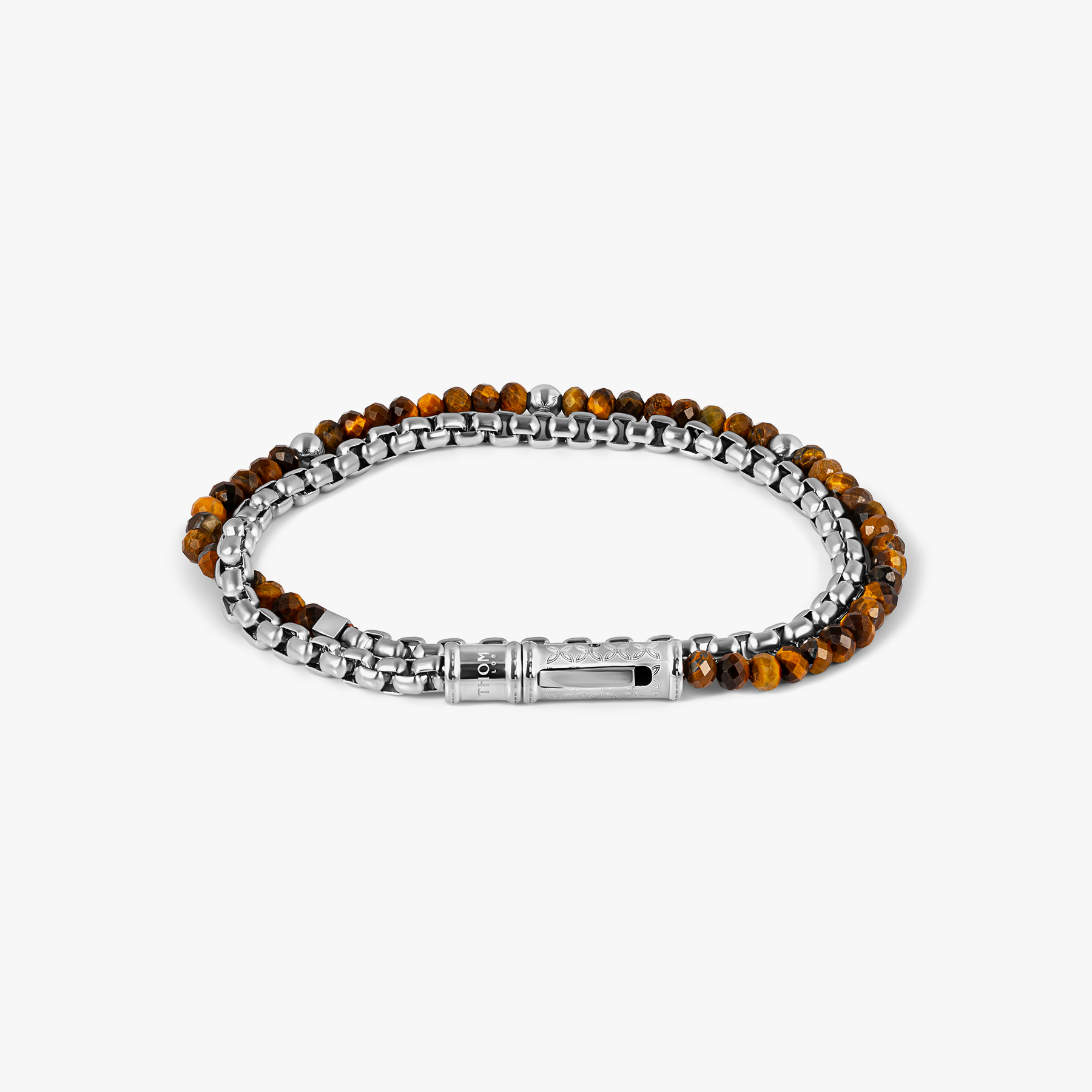 THOMPSON Lucky Clover Double Wrap Bracelet In Tiger Eye With Stainless Steel