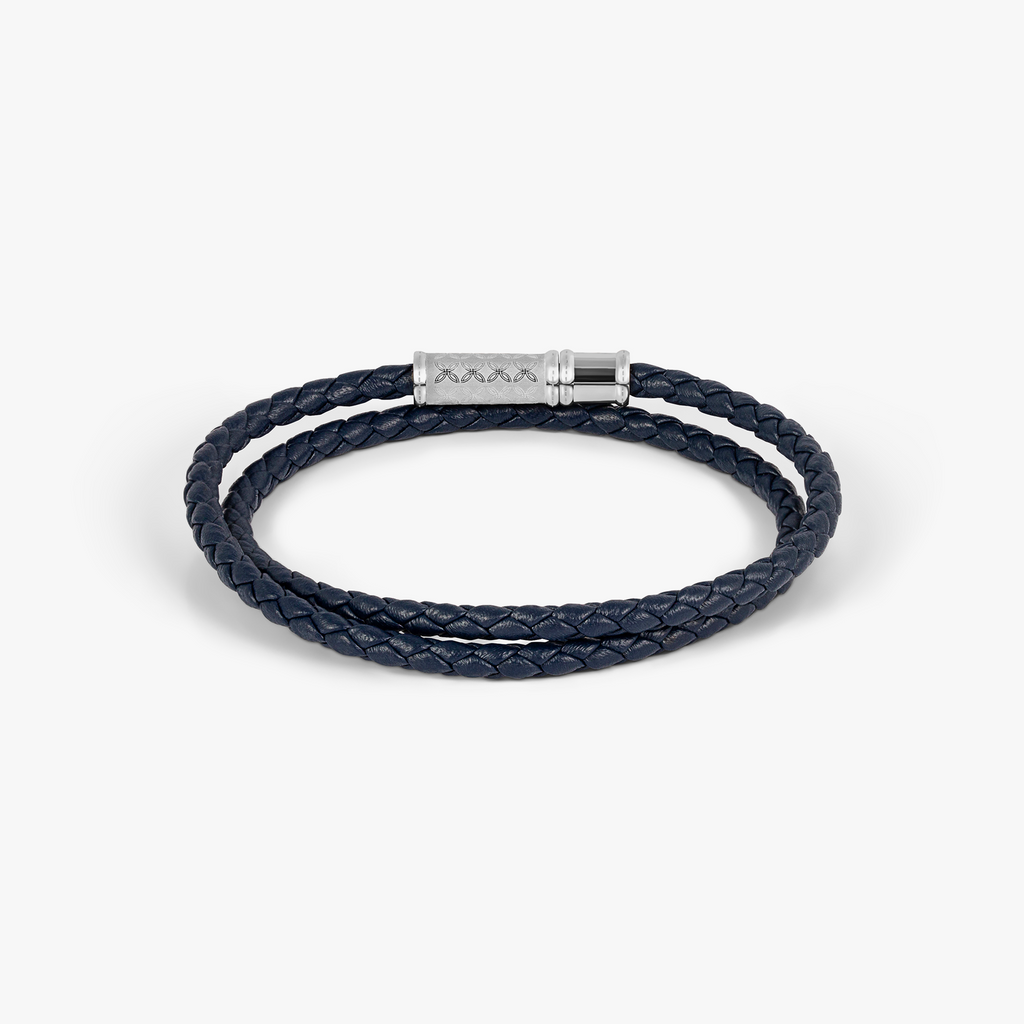 THOMPSON Lucky Clover Double Wrap Bracelet In Navy Leather