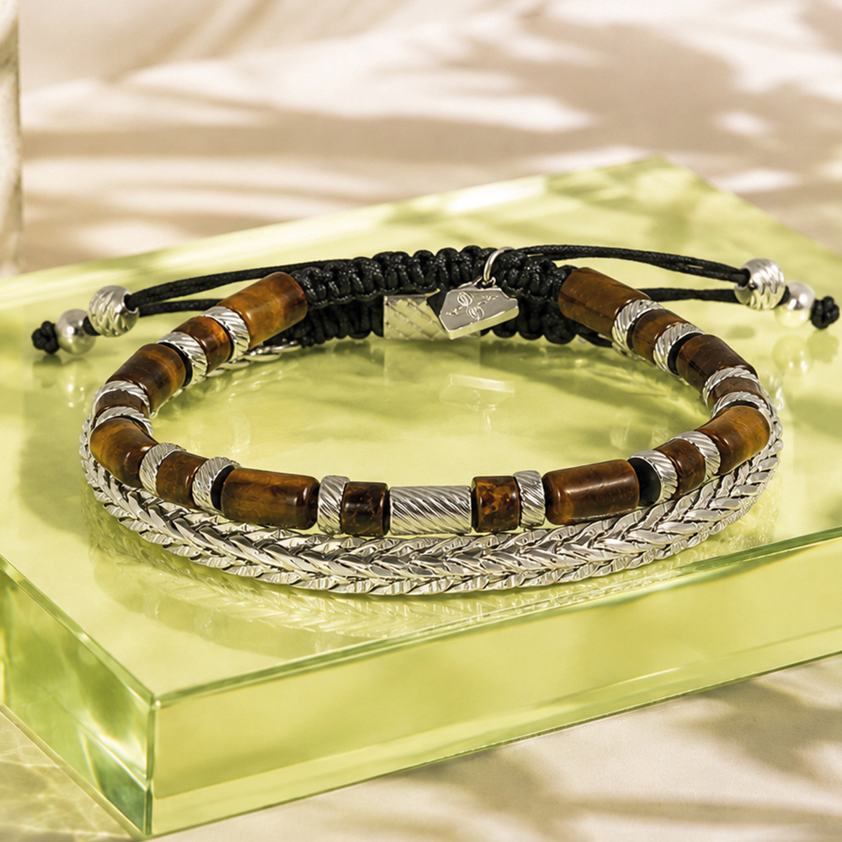 THOMPSON Tiger Eye Twist Beaded Bracelet With Stainless Steel