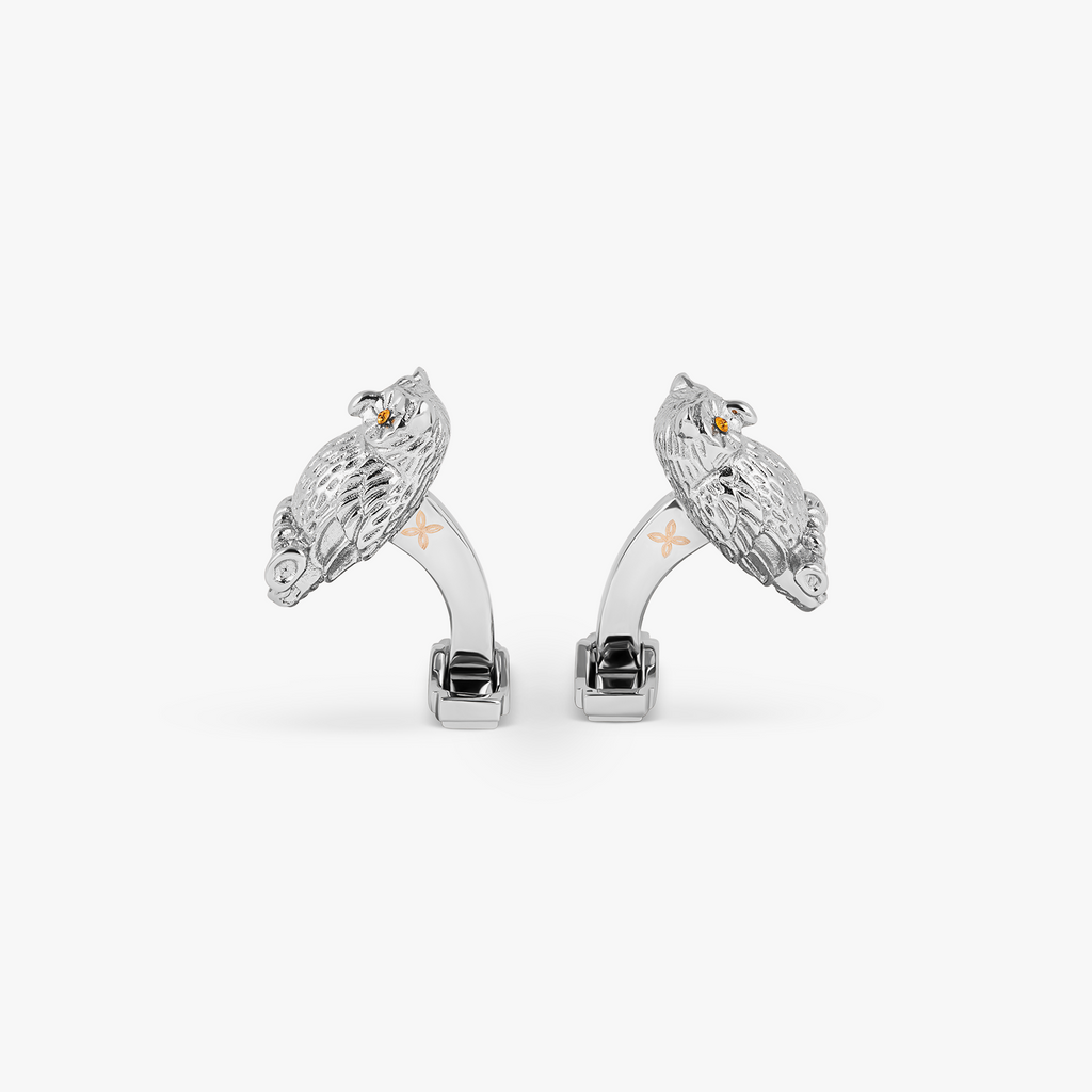 THOMPSON Owl Cufflinks In Palladium plated Base Metal With Orange Crystal