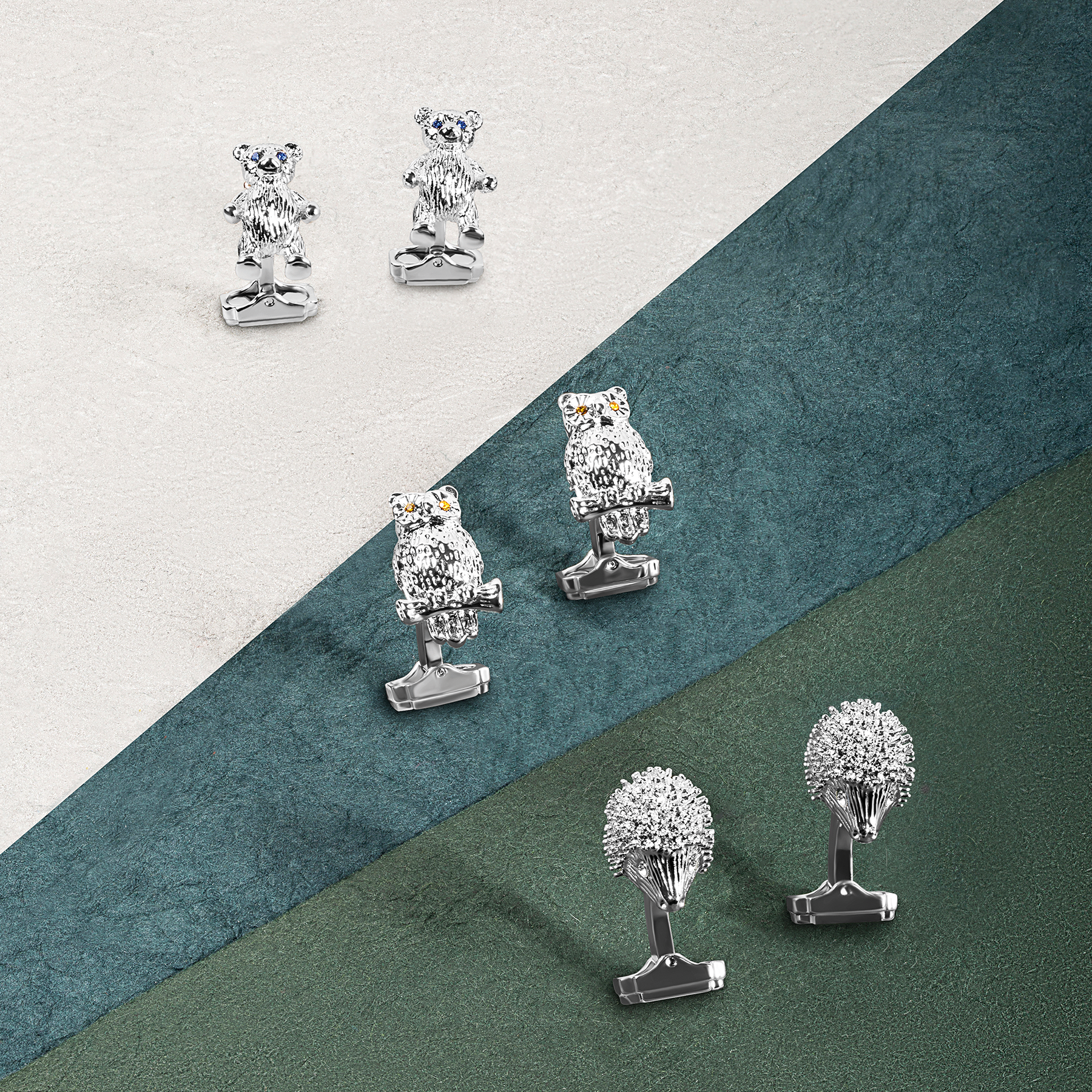 THOMPSON Owl Cufflinks In Palladium plated Base Metal With Orange Crystal