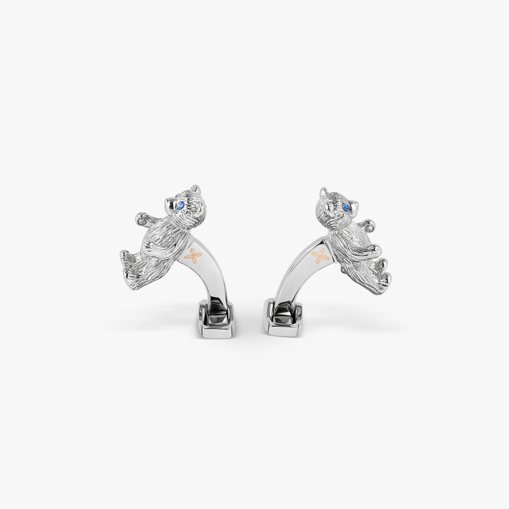 THOMPSON Teddy Bear Cufflinks In Palladium plated Base Metal With Blue Crystal
