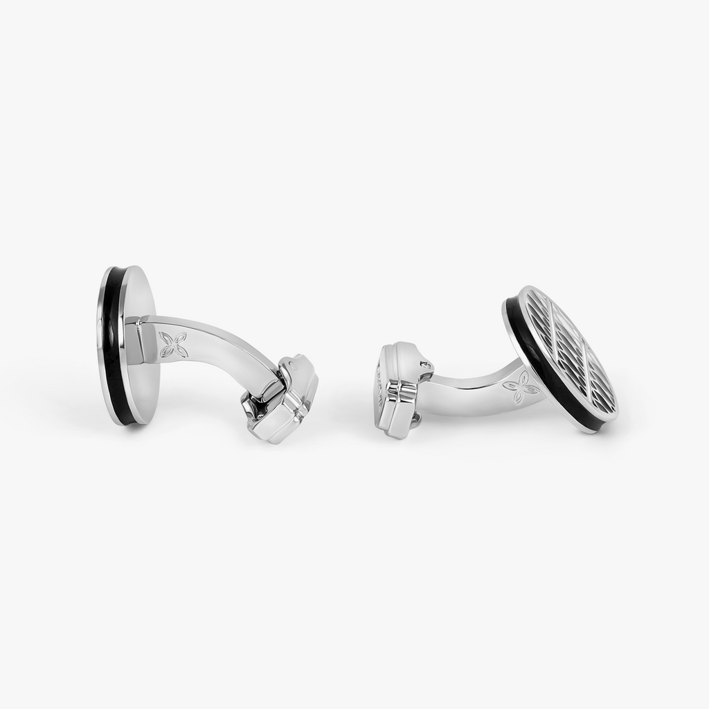 THOMPSON Cairo Leaf Cufflinks In White Bronze plated Base Metal With Black And White Enamel