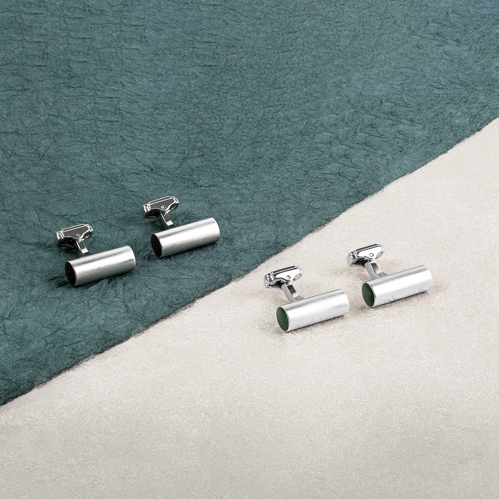 THOMPSON Cylinder Cufflinks In White Bronze plated Base Metal With Black Enamel