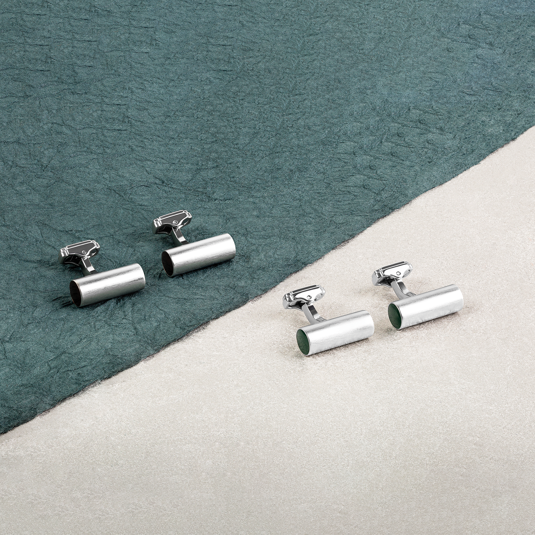 THOMPSON Cylinder Cufflinks In White Bronze plated Base Metal With Green Enamel