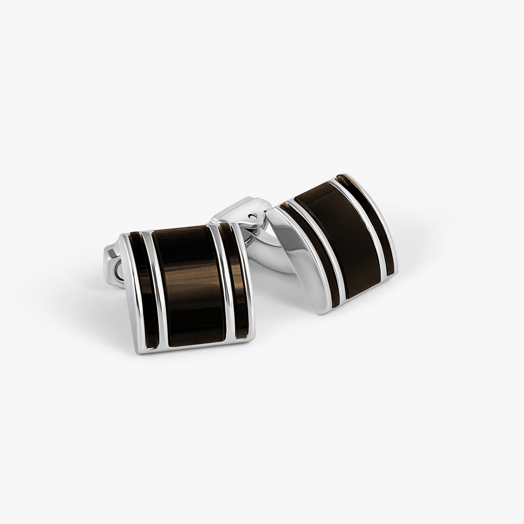 THOMPSON D-Shape Semi-Precious Cufflinks In White Bronze plated Base Metal With Onyx