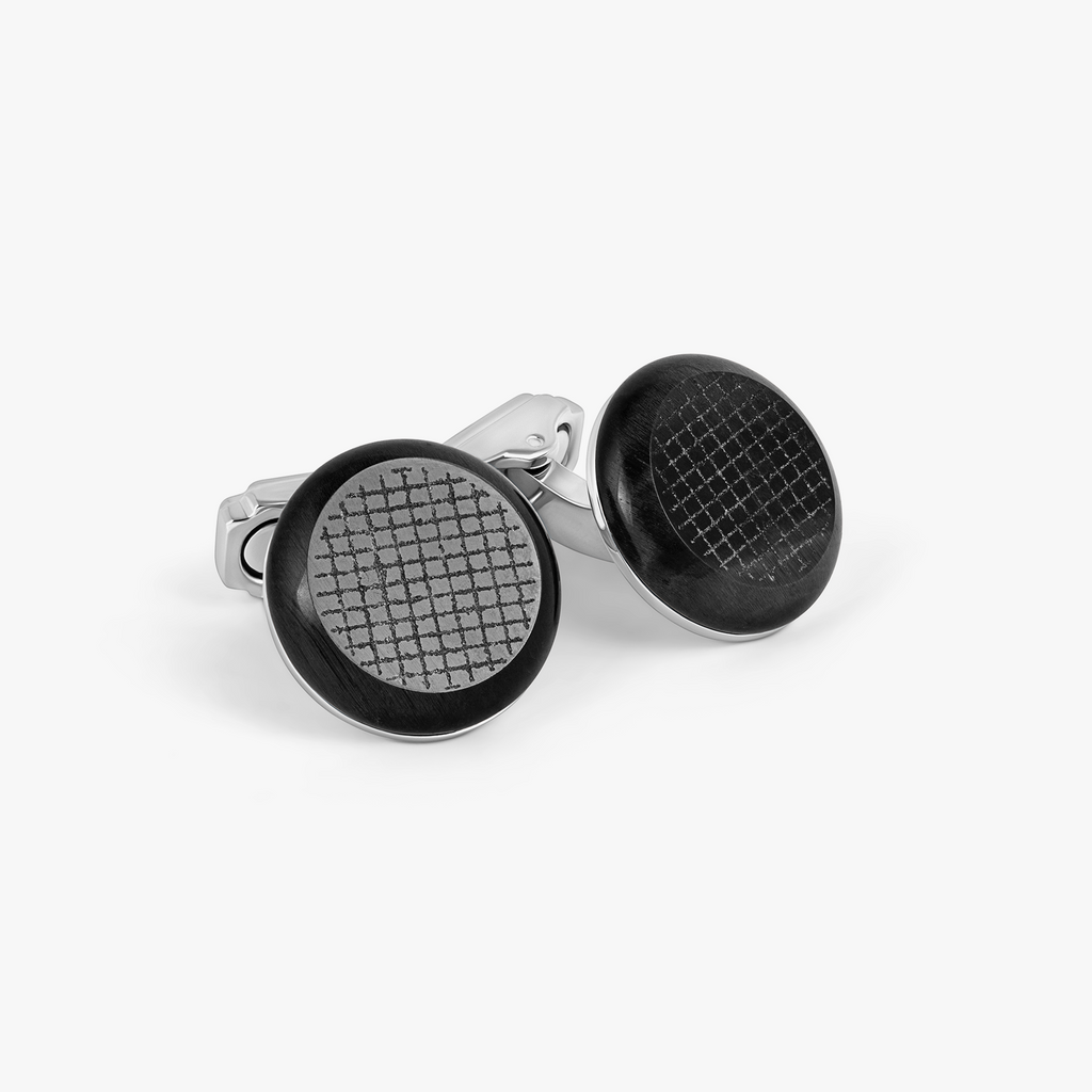 THOMPSON Woven Round Cufflinks In White Bronze plated Base Metal With Onyx
