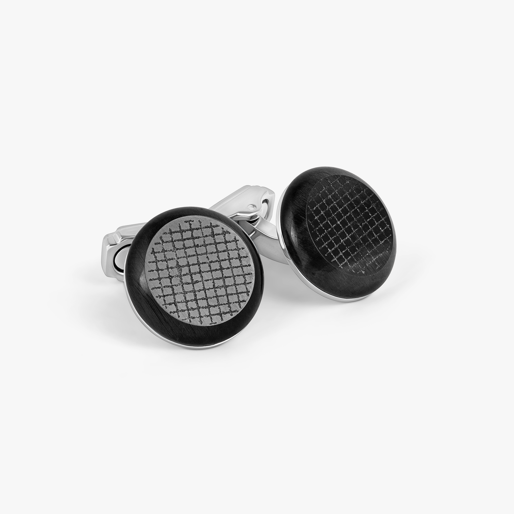 THOMPSON Woven Round Cufflinks In White Bronze plated Base Metal With Onyx