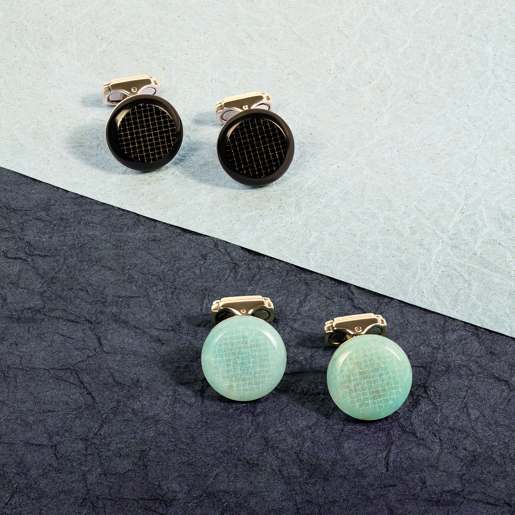 THOMPSON Woven Round Cufflinks In White Bronze plated Base Metal With Blue Jade