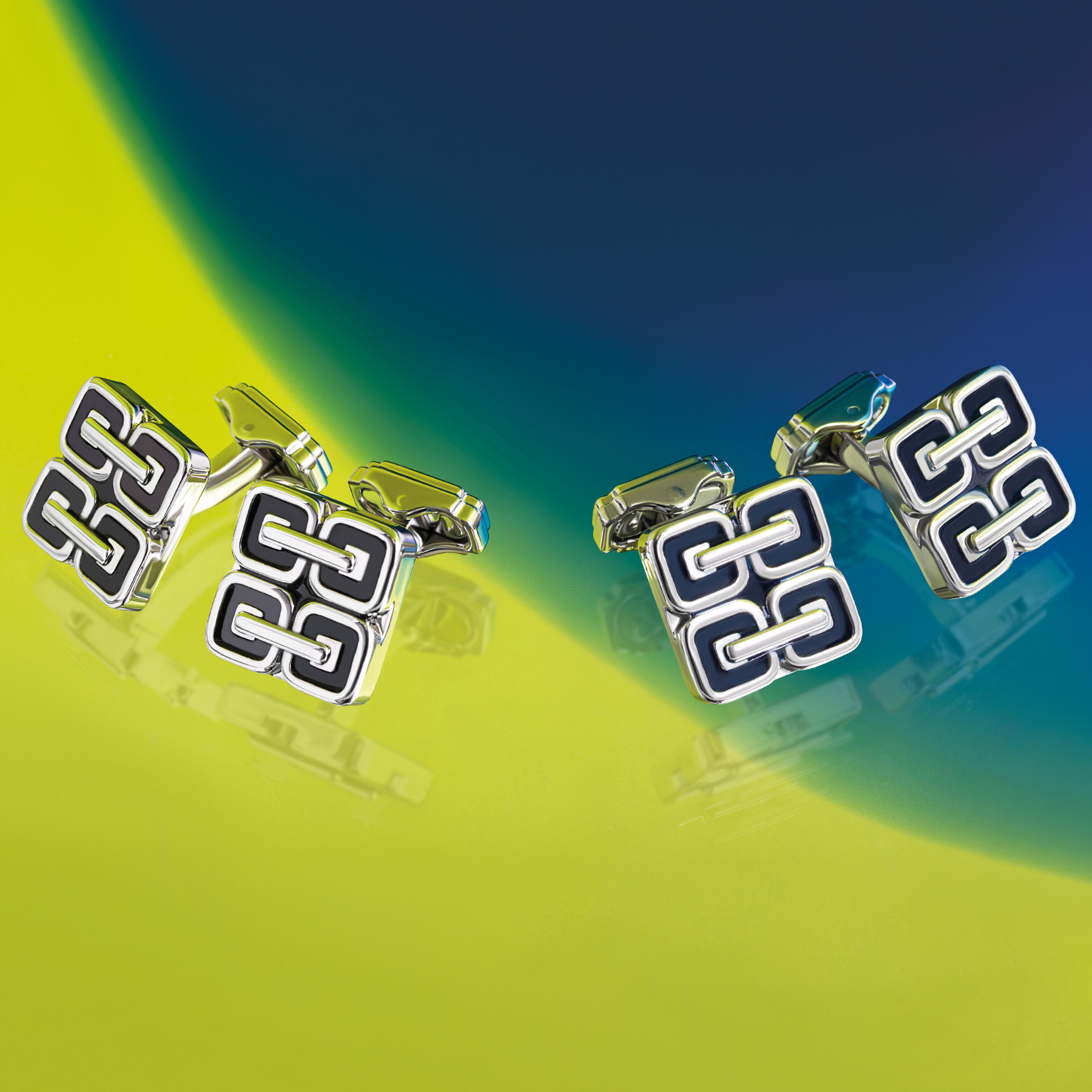 Thompson Duo Square Links Cufflink In Palladium Plated with Black Enamel