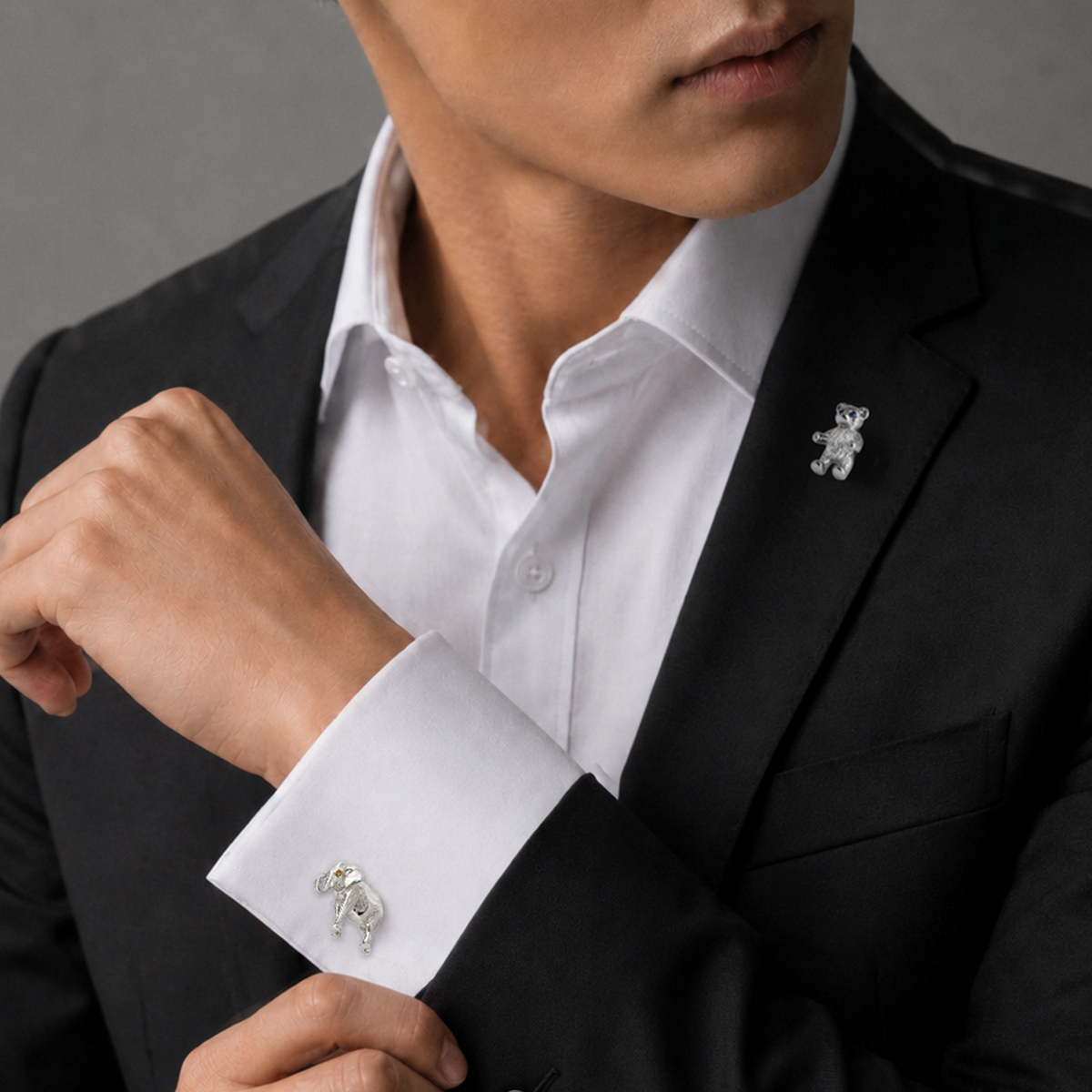 THOMPSON Elephant Cufflink In Palladium plated Base Metal With Brown Swarovski Crystal