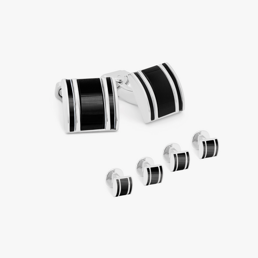THOMPSON D-Shape Semi-Precious Cufflink Stud Set In White Bronze plated Base Metal With Onyx