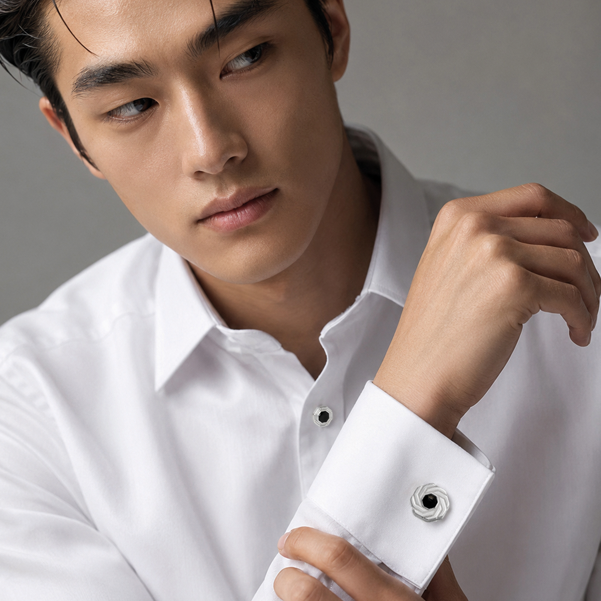 THOMPSON Octagon Insignia Cufflink and Stud set in Palladium Plated with Onyx