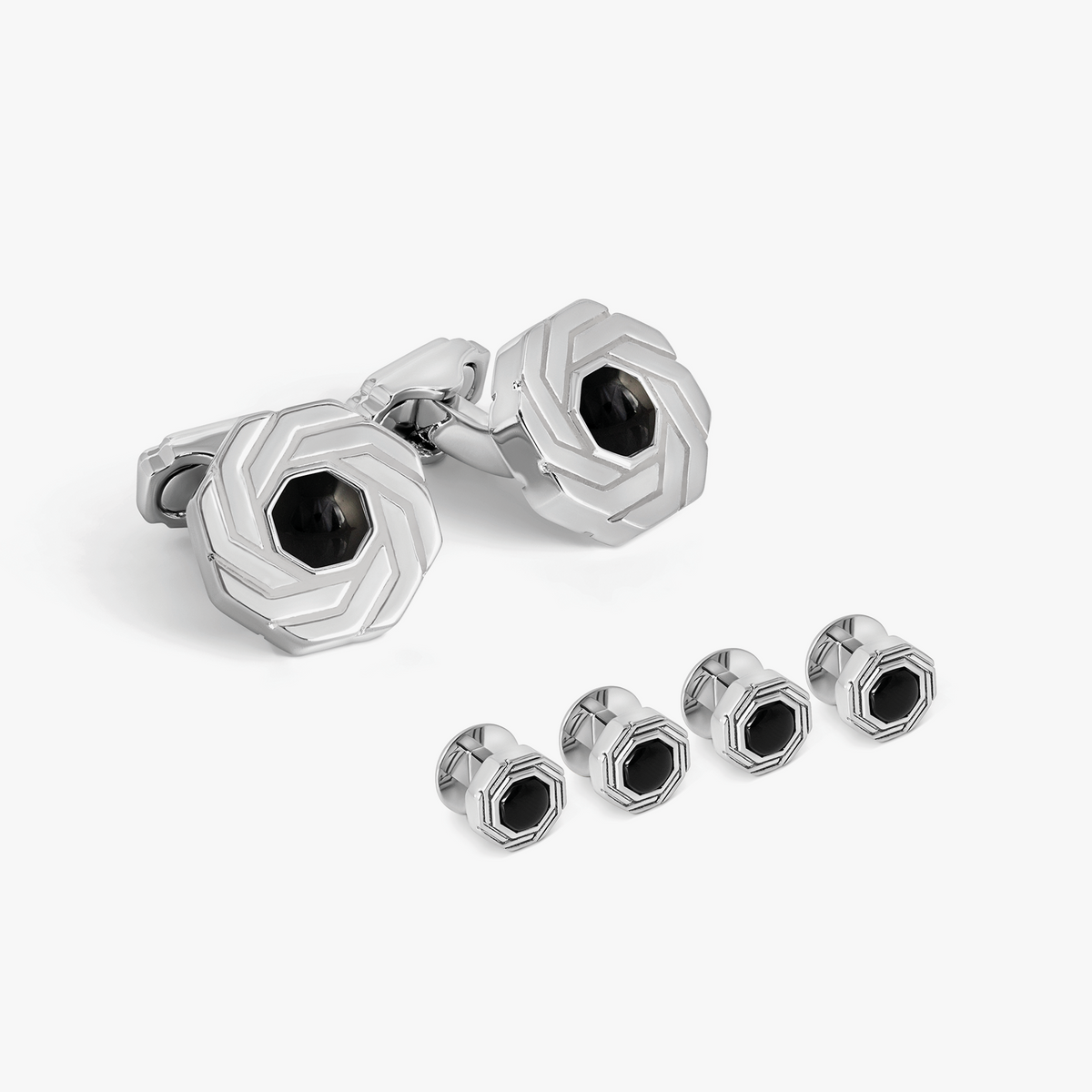 THOMPSON Octagon Insignia Cufflink and Stud set in Palladium Plated with Onyx
