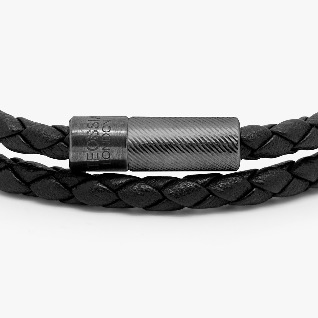 Pop Rigato Pelle Double Wrap Bracelet In Black Leather With Black Ruthenium Silver