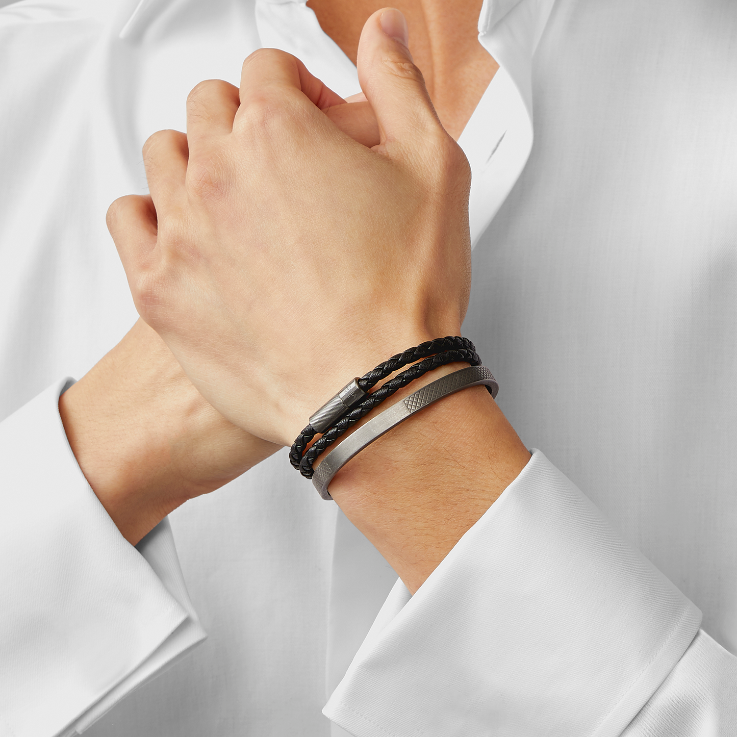 Pop Rigato Pelle Double Wrap Bracelet In Black Leather With Black Ruthenium Silver