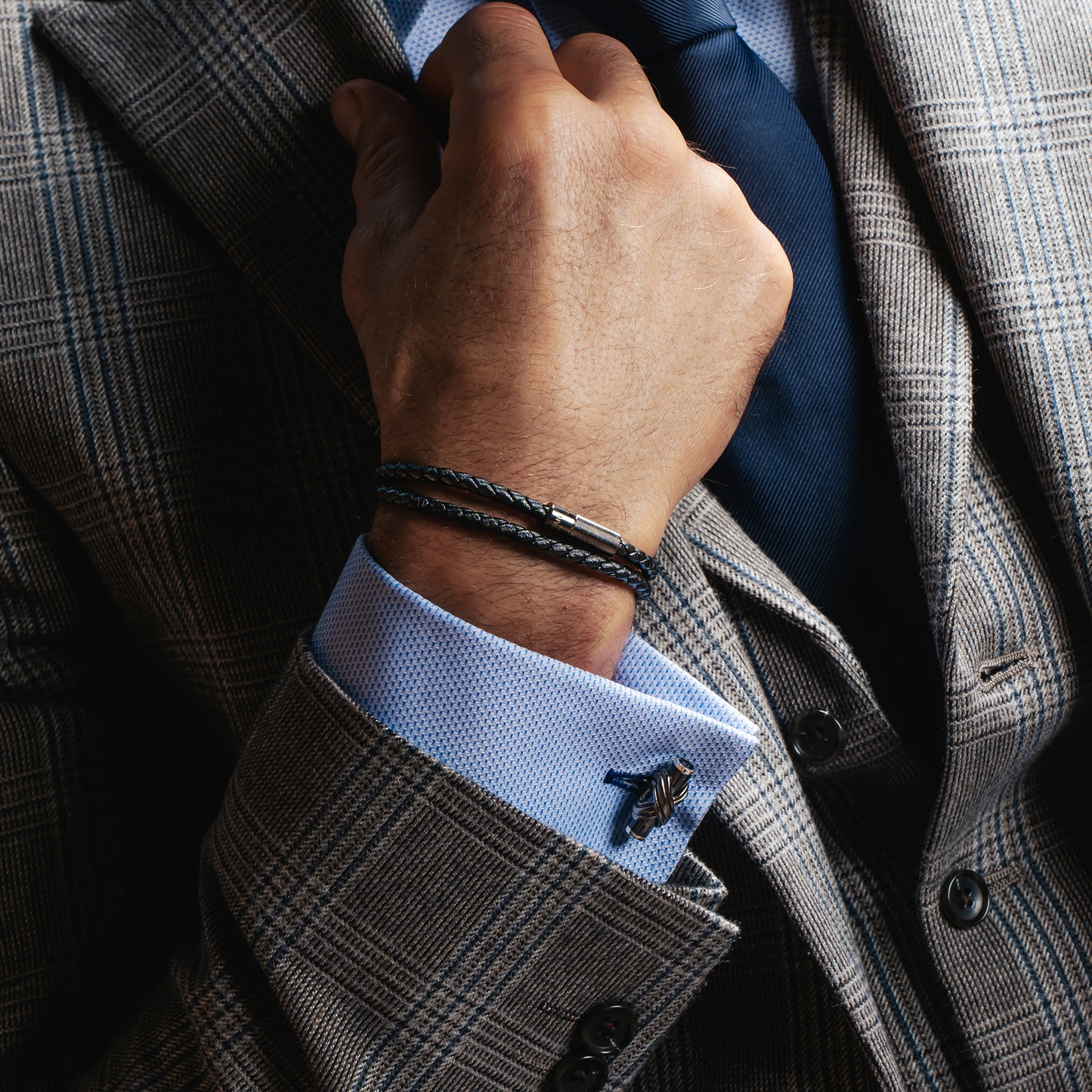 Pop Rigato Pelle Double Wrap Bracelet In Black Leather With Black Ruthenium Silver