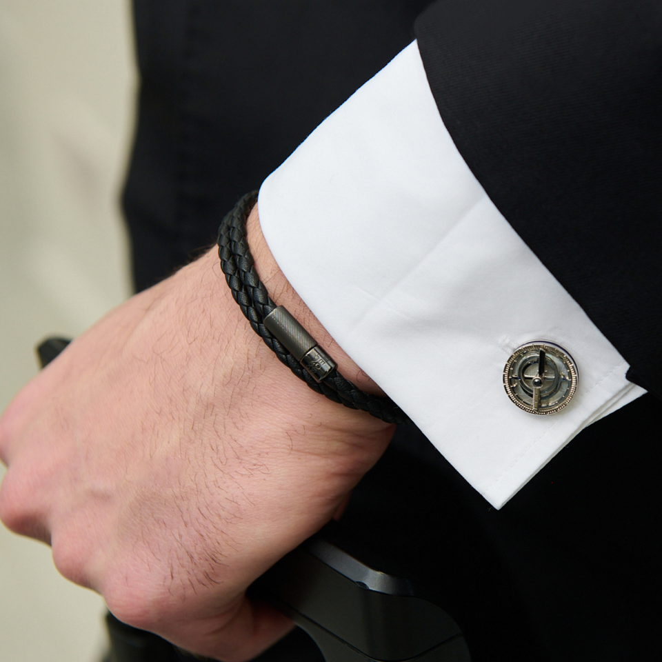 Pop Rigato Pelle Double Wrap Bracelet In Black Leather With Black Ruthenium Silver