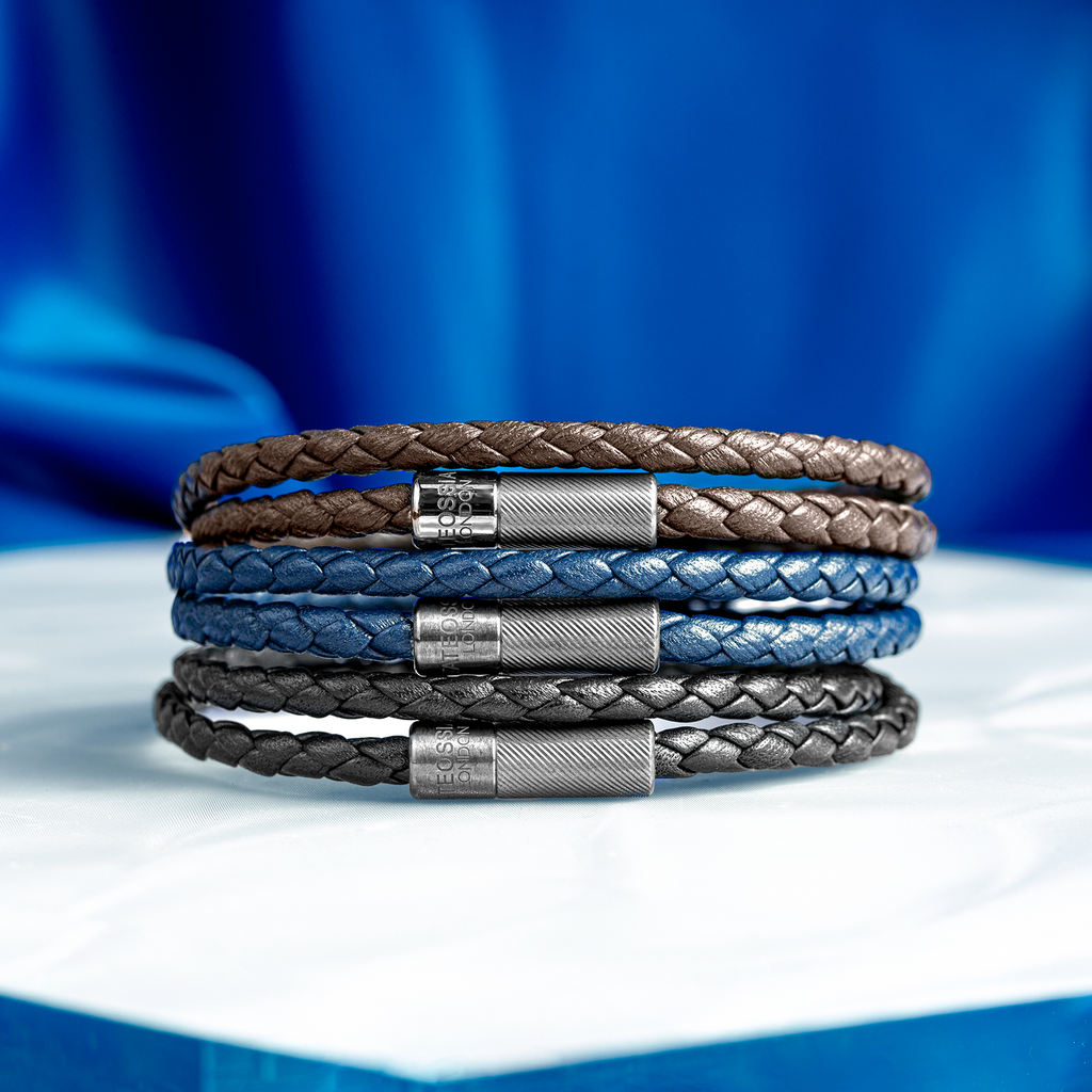 Pop Rigato Pelle Double Wrap Bracelet In Black Leather With Black Ruthenium Silver