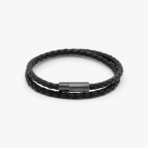 Pop Rigato Pelle Double Wrap Bracelet In Black Leather With Black Ruthenium Silver