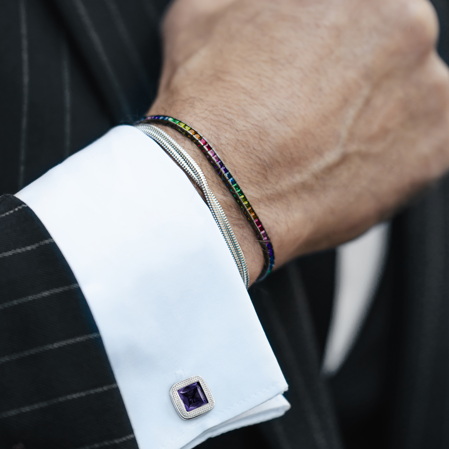 Quadro Tennis Semi-Precious Bracelet In Black Rhodium Plated Sterling Silver With Multicolour Nano