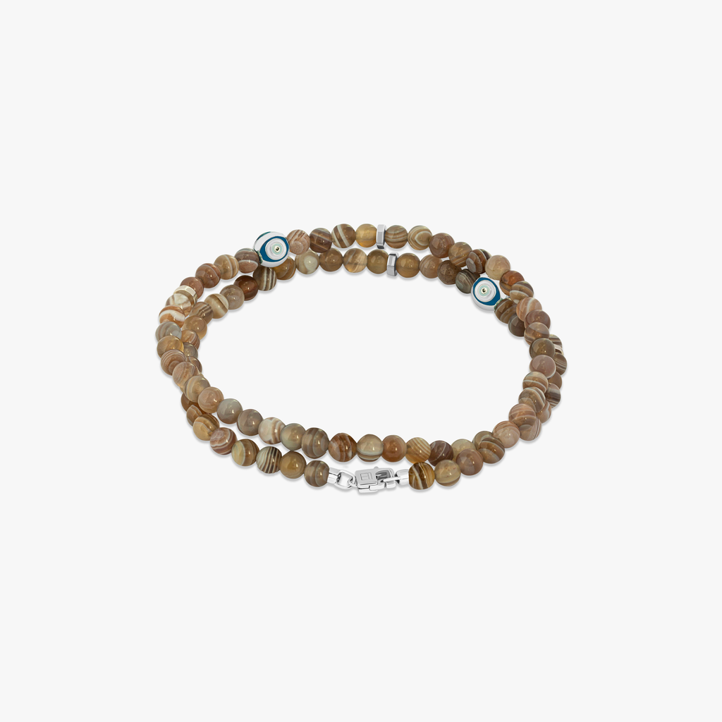 Evil Eye Beaded Bracelet In Rhodium Plated Silver with Botswana Agate