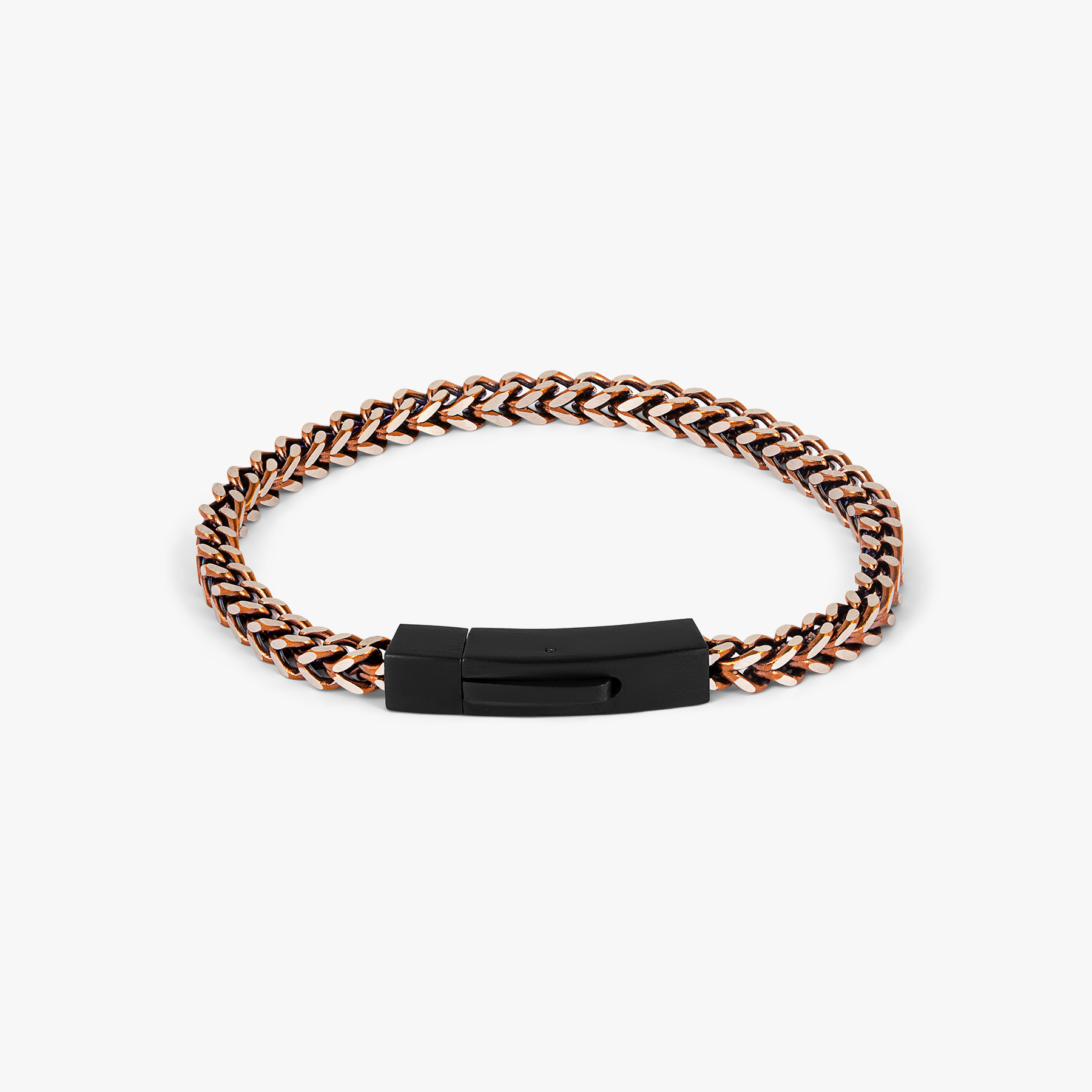 A matte black and brown chevron-patterned stainless steel bracelet with a clasp.