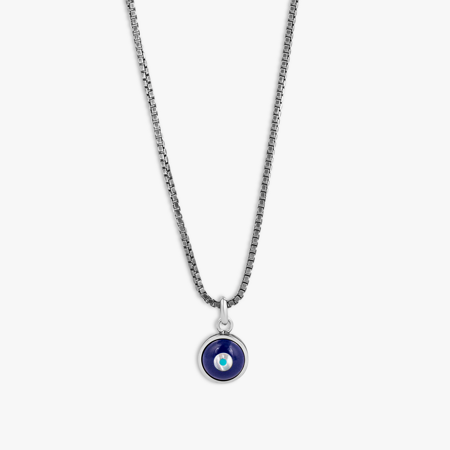 Milos Evil Eye Necklace In Palladium With Blue Resin & Pearl Milos Evil Eye Necklace In Palladium With Blue Resin & Pearl