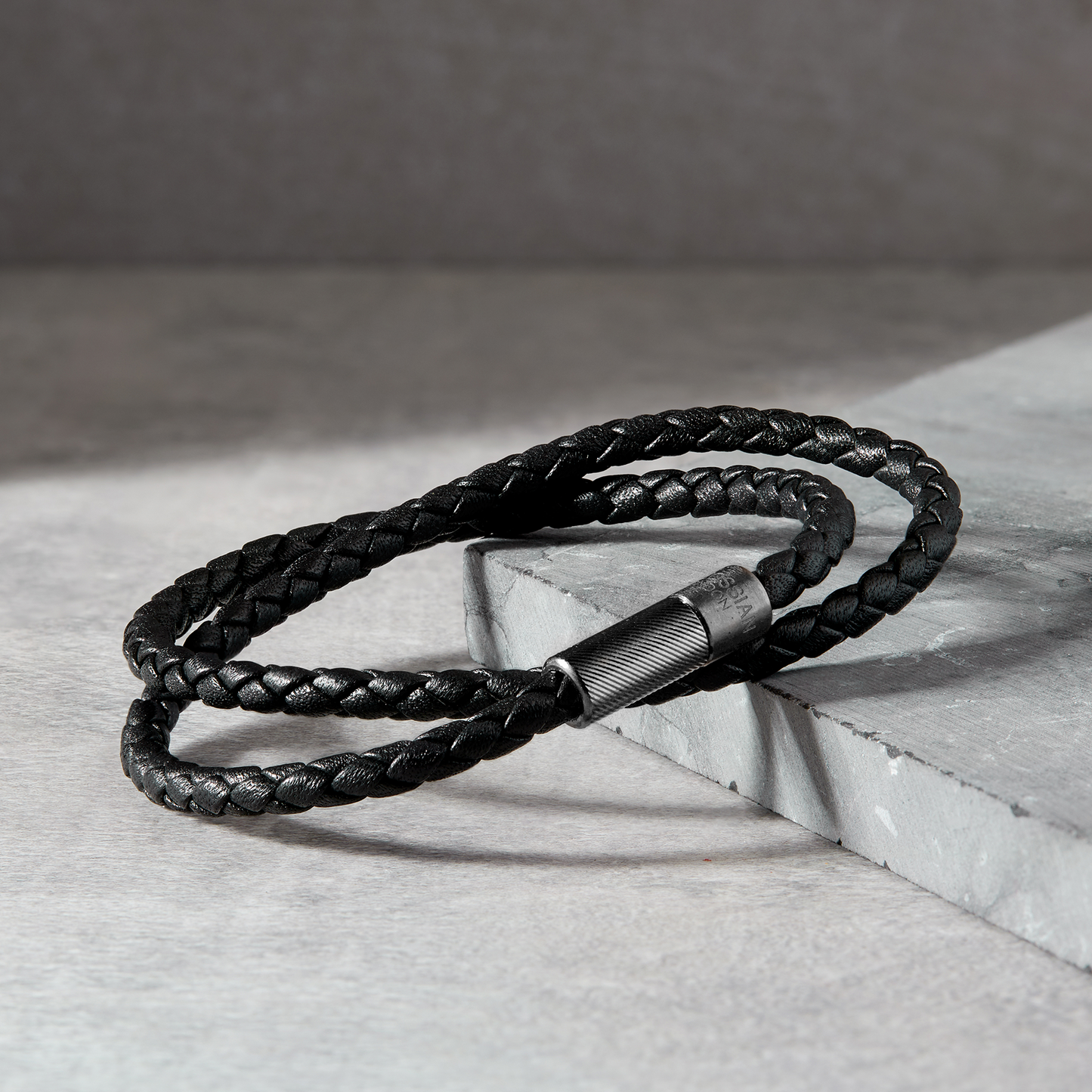 Pop Rigato Pelle Double Wrap Bracelet In Black Leather With Black Ruthenium Silver