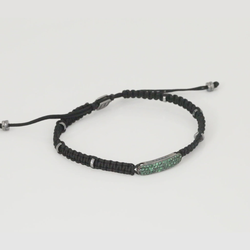 Baton Macrame Bracelet In Ruthenium Plated Silver with Green Emeralds