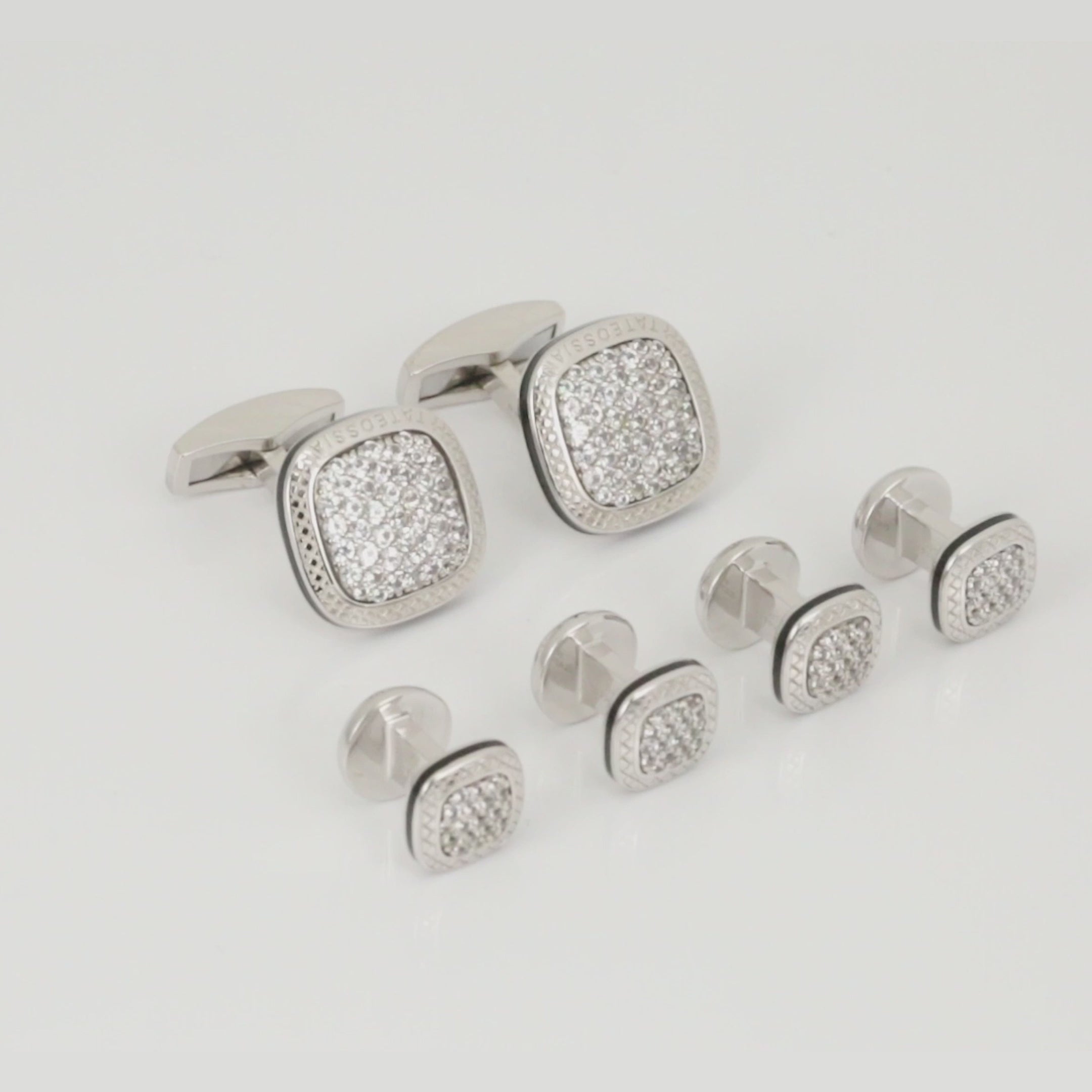 Signature Cufflinks & Dress Shirt Studs In Rhodium & White Sapphire