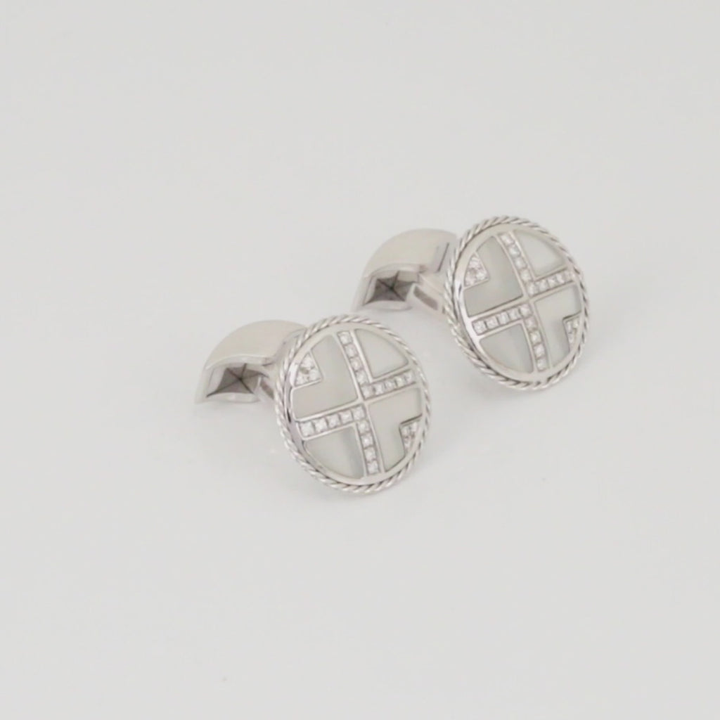 Deco cable round cufflinks in 18K white gold and diamonds